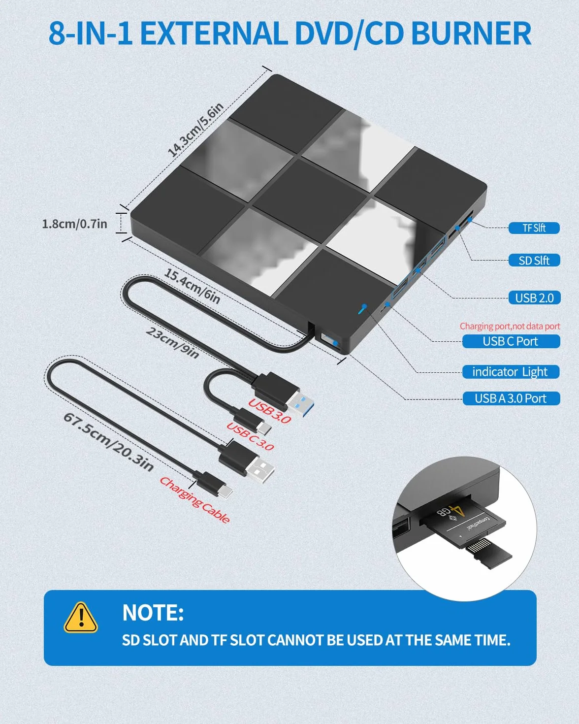 LMEN Zewnętrzna Nagrywarka CD/DVD, Zewnętrzny Napęd CD z USB 3.0 i Type-C, Przenośny Odtwarzacz DVD z Gniazdem kart SD/TF, Kompatybilny z Windows 11/10/8/XP/Linux/Mac OS
