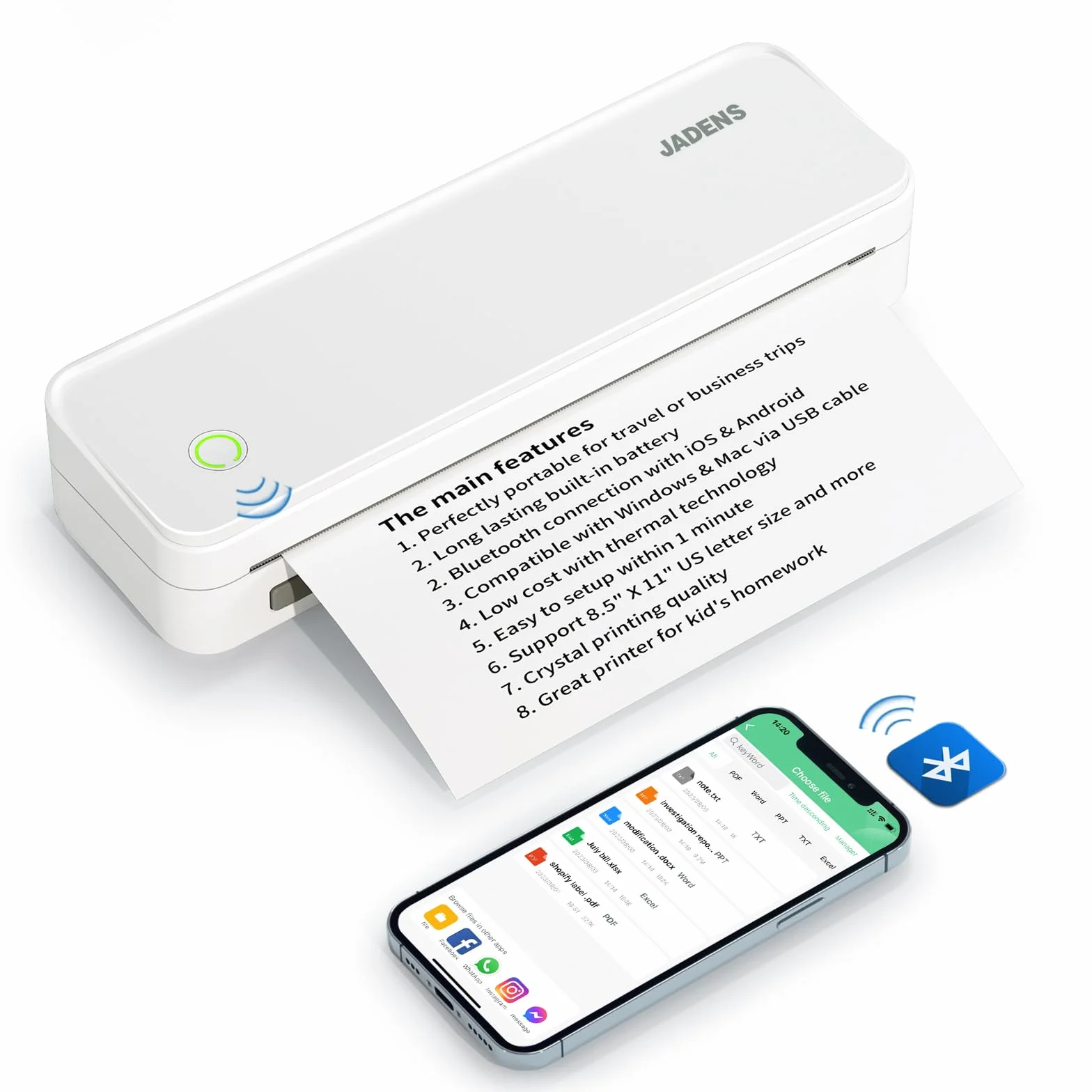 JADENS Przenośna drukarka, drukarka termiczna A4, Bluetooth, przenośna drukarka A4, bezprzewodowa drukarka podróżna bez tuszu, kompatybilna z systemem Android i iOS, w podróży i laptopie