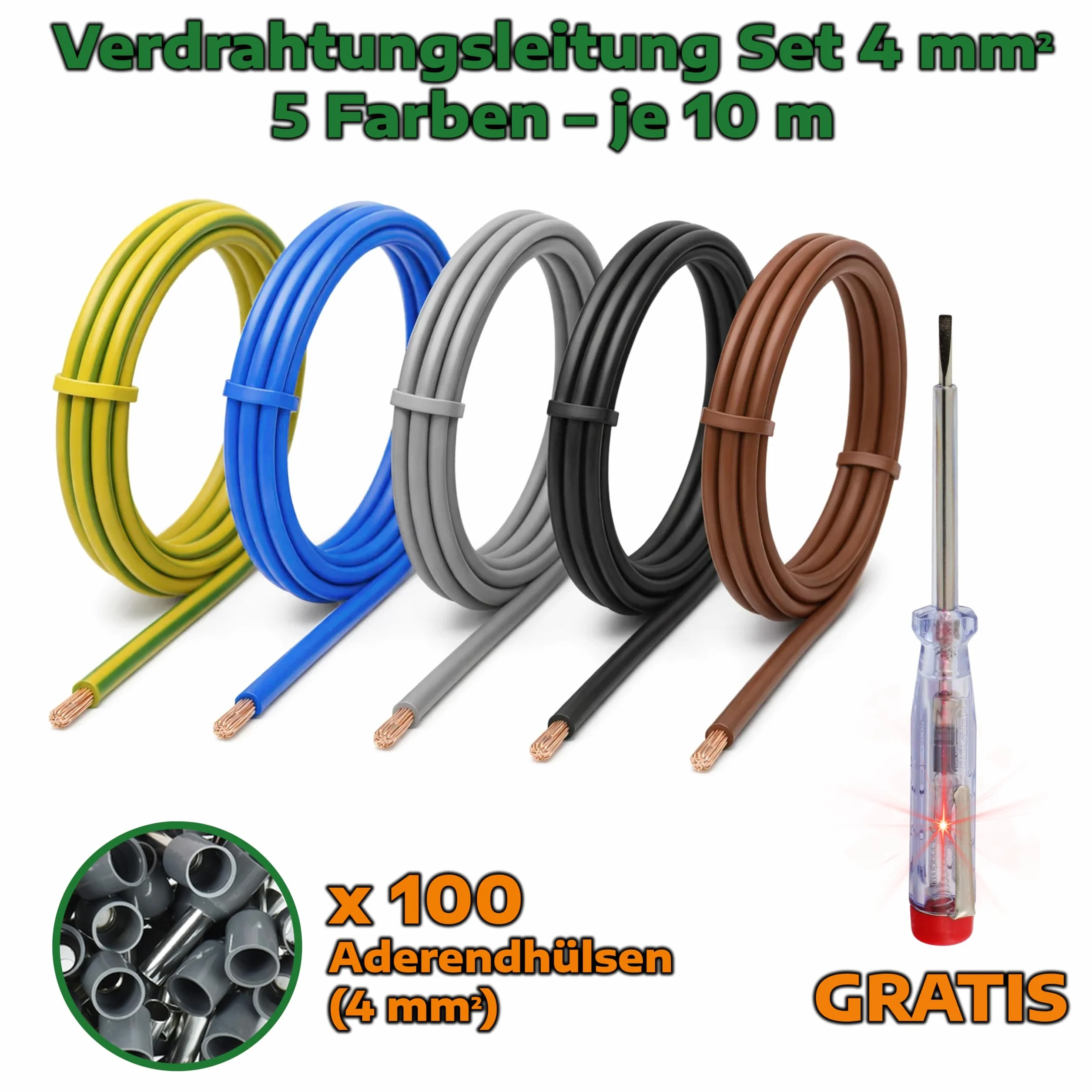 Zestaw okablowania 4 mm² H07V-K przewód żyłowy elastyczny zestaw 5 x 10 m wraz z 100 tulejkami kablowymi przewód okablowania idealny do licznika, przewodów uziemiających i mostów okablowania