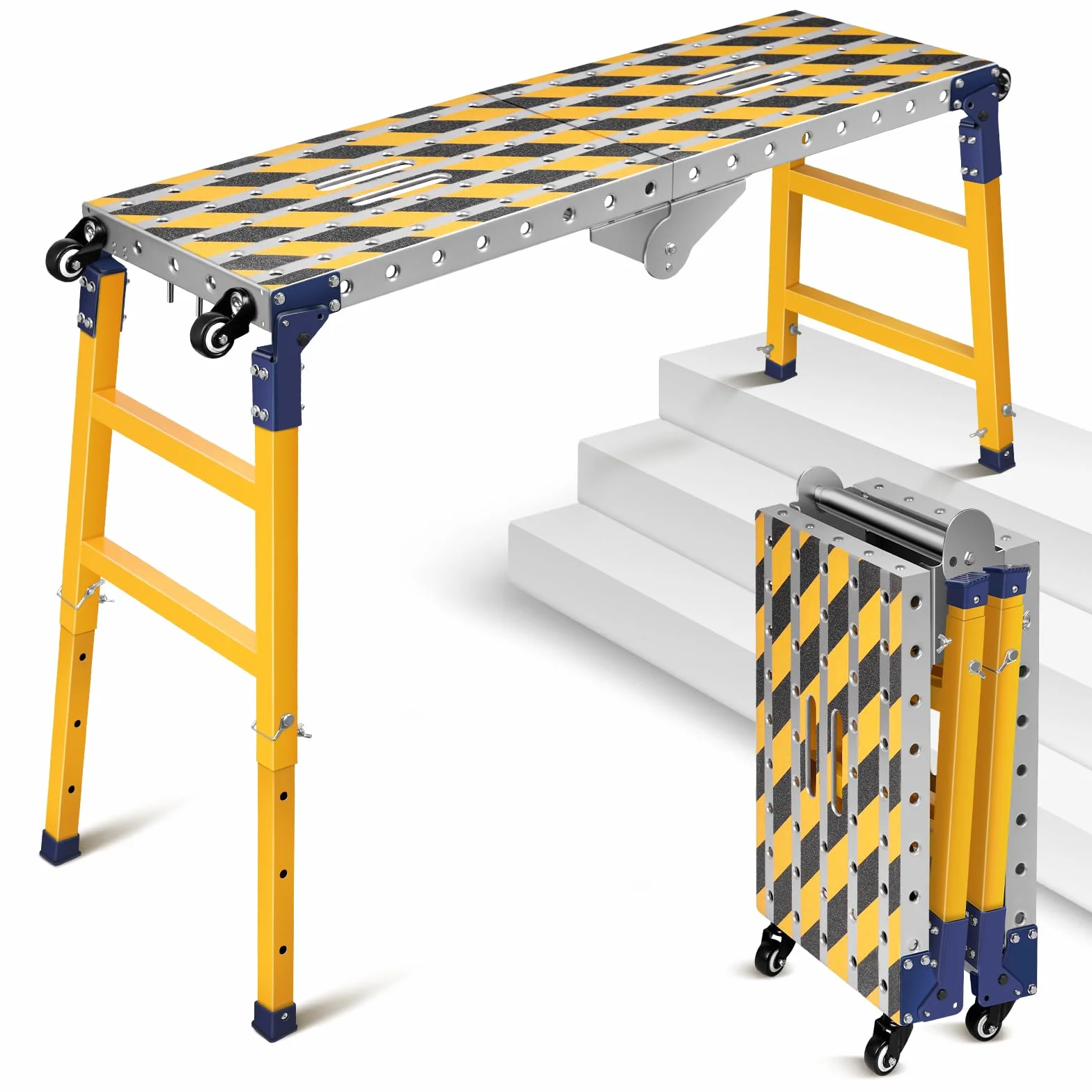 Stabilna platforma robocza 2 w 1 + mobilny stół spawalniczy z antypoślizgowymi paskami klejącymi, regulowana wysokość 60-90 cm, składana platforma robocza, aluminiowe rusztowanie, ocynkowana ławka