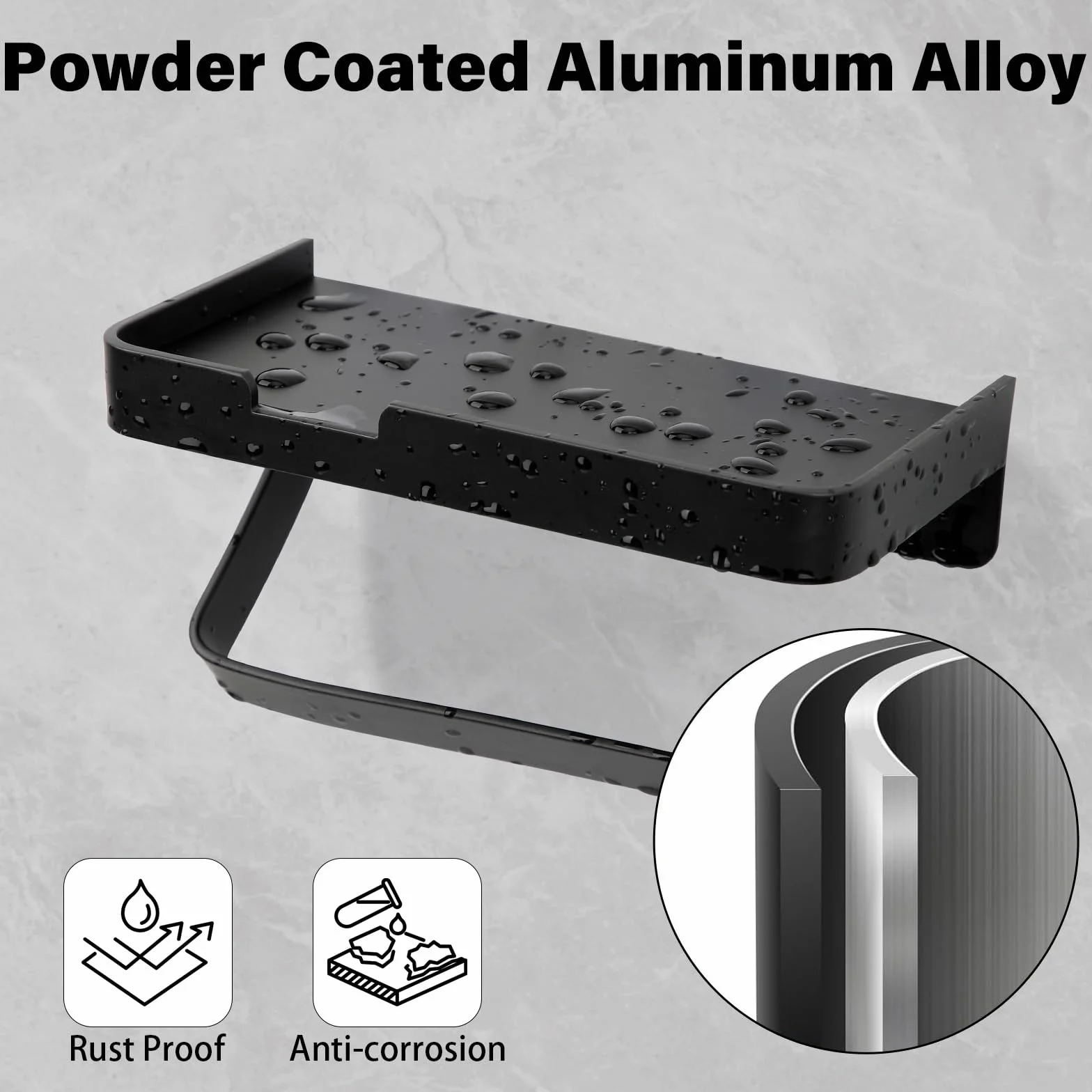 Euqvunn Wieszak na Papier Toaletowy z Półką, Wieszak na Papier Toaletowy z Aluminium, Montaż na Ścianie & Samoprzylepny & Wkręty, Akcesoria Łazienkowe i Kuchenne, Czarny Matowy