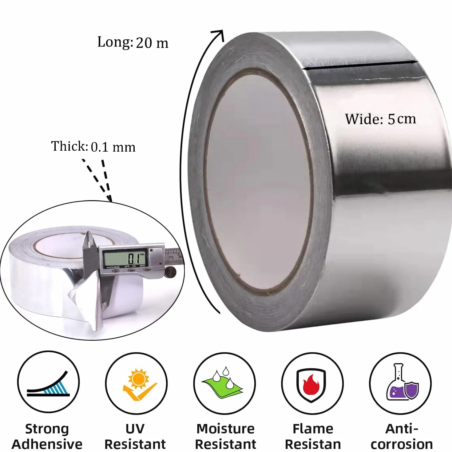Taśma aluminiowa o grubości 0,1 mm, samoprzylepna, odporna na wysokie temperatury, wodoszczelna, aluminiowa taśma klejąca do izolacji HVAC, uszczelek, kanałów powietrznych, 5 cm x 20 m