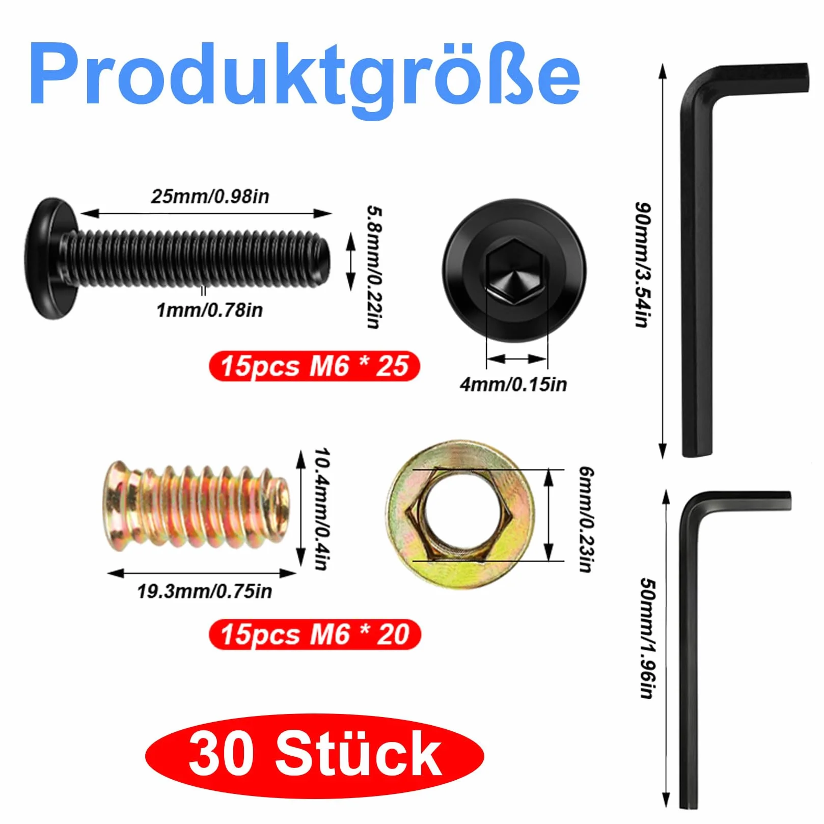 30 sztuk śrub i nakrętek z płaskim kołkiem M6: 15 wkładek gwintowanych do drewna (M6 x 20 mm) i 15 śrub do łączenia mebli (M6 x 25 mm), wkładki gwintowane nakrętki do mebli drewnianych, z 2 kluczami