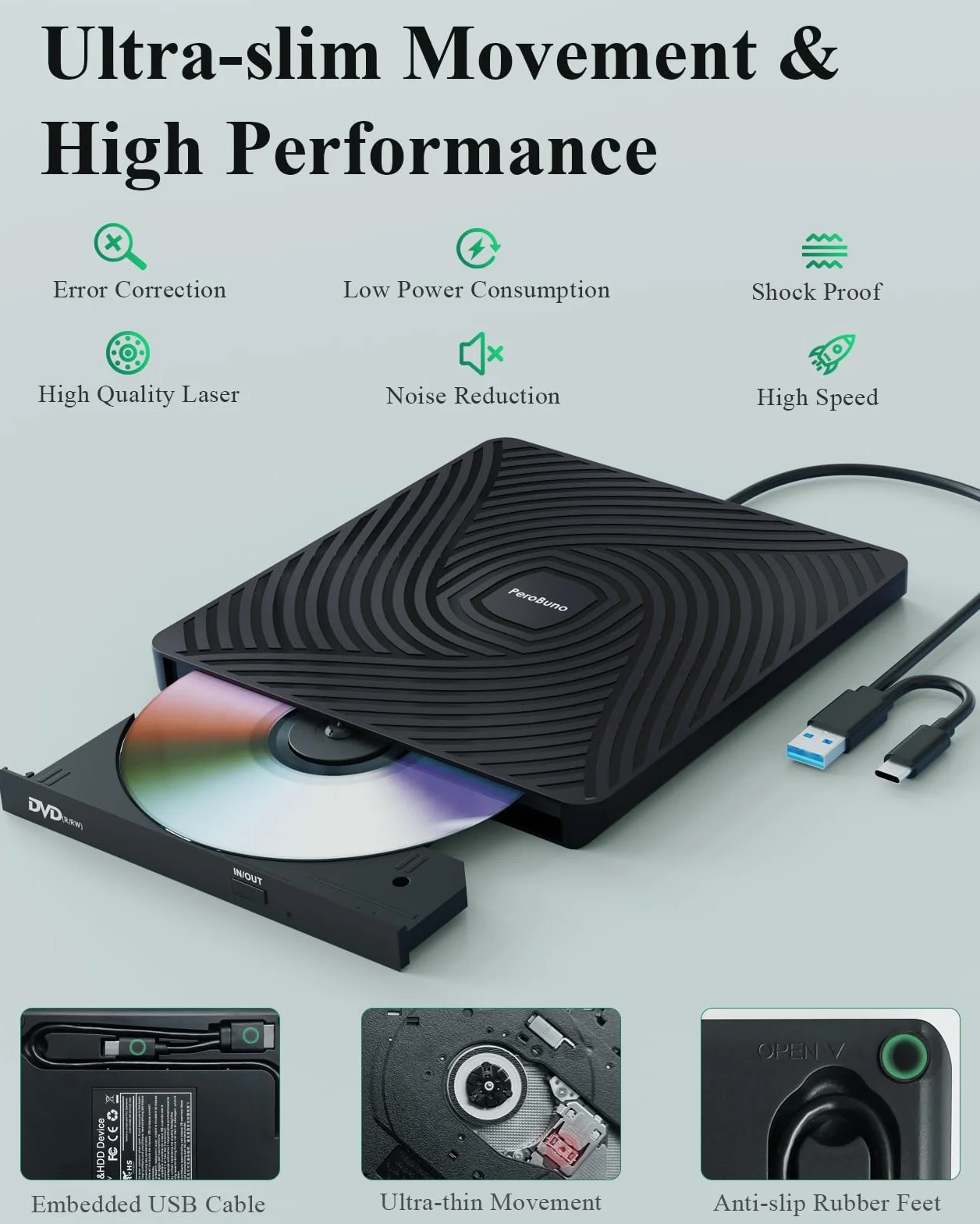 PeroBuno Zewnętrzny Napęd CD DVD, Napęd Optyczny USB 3.0 Typu C, 0,5-calowy Ultra-Slim Przenośny Odtwarzacz Płyt CD ROM Do Laptopów PC Windows 11/10/8/7 Linux Mac OS