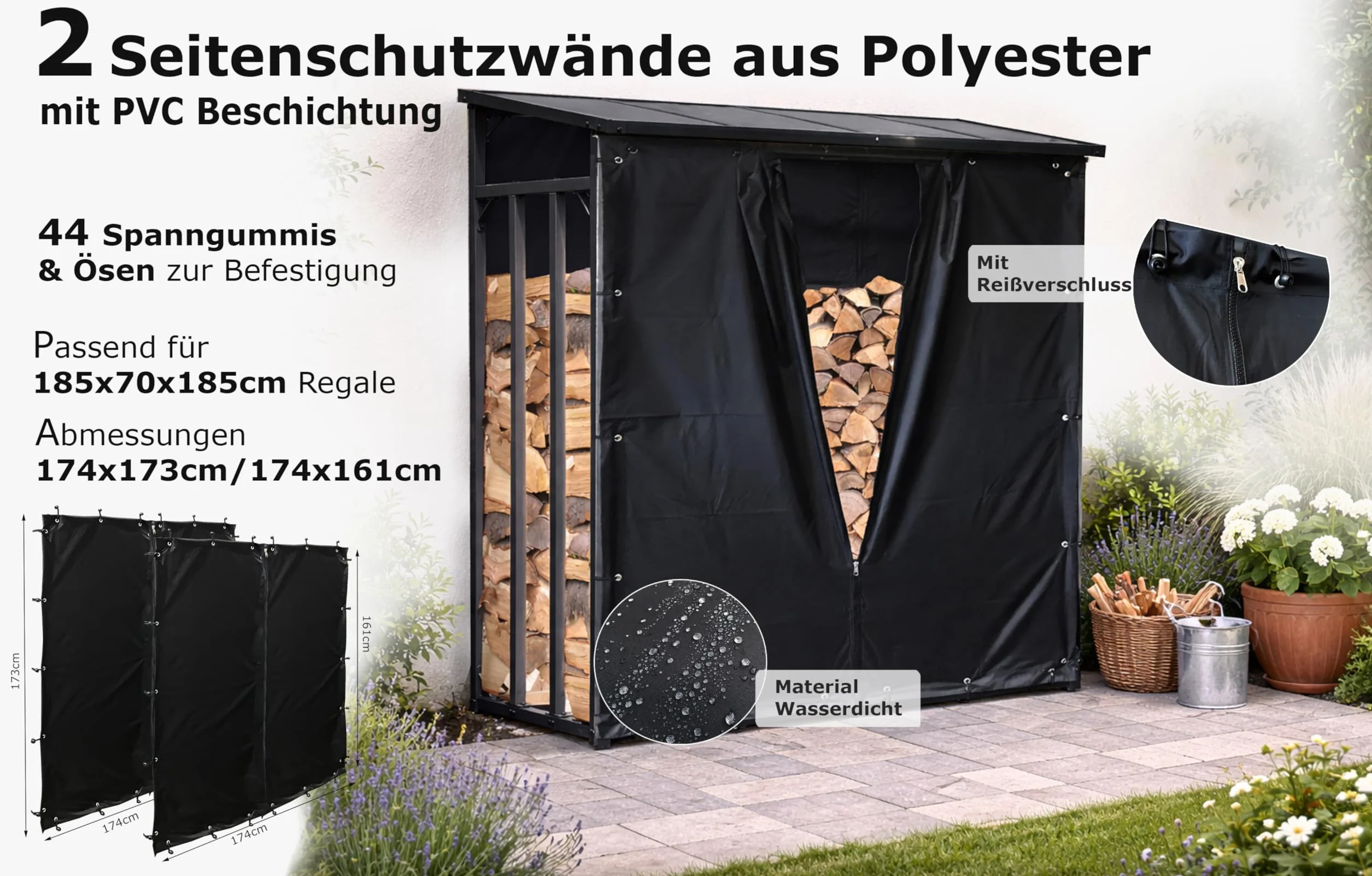 Quick Star zestaw ochrony przed warunkami atmosferycznymi na drewno kominkowe XXL 185x70x185 cm PCW czarny