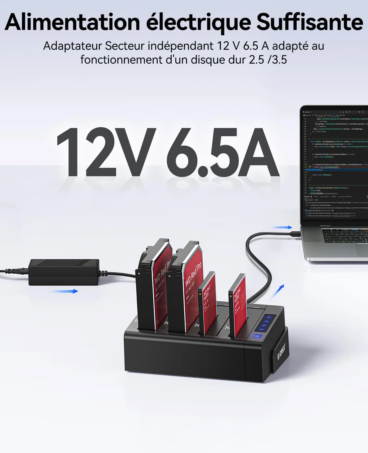ORICO Stacja do dysków twardych USB 3.0 do SATA, offline klon, 4 gniazda, obudowa 2,5 i 3,5 cala SATA HDD/SSD, 4X 16 TB, zasilacz 12 V 6,5 A (6648US3-C)