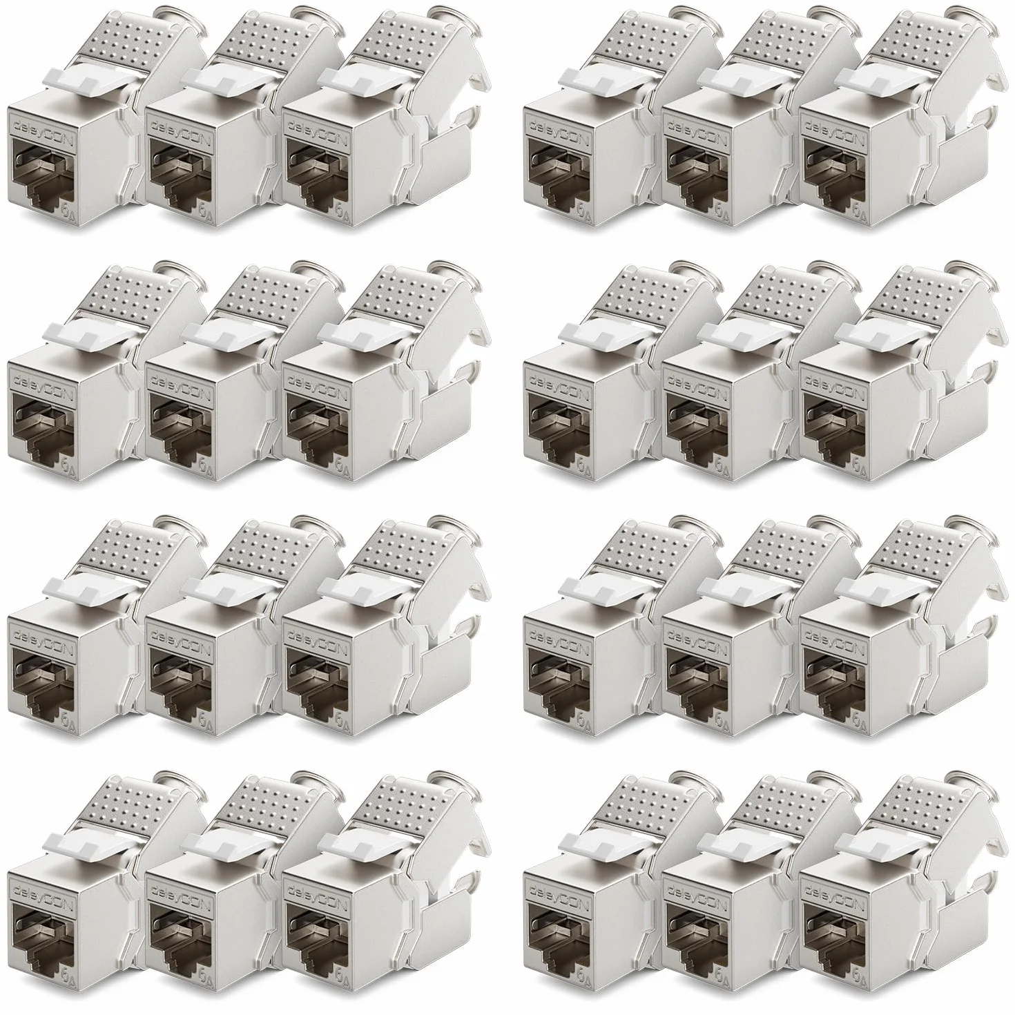 deleyCON 24x Moduł Keystone CAT 6a Jack - Gniazdo RJ45 z Pełnym Ekranowaniem STP Montaż Zatrzaskowy bez Użycia Narzędzi Kabel Surowy CAT 500Mhz 10GBit/s
