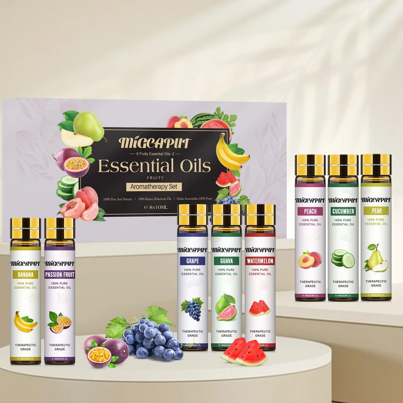 MIGCAPUT Owocowe Zestaw Olejków Eterycznych 8 x 10ML, 100% Naturalne Olejki Zapachowe do Dyfuzory, Aromaterapii, Masaż - Marakuja, Guawa, Gruszka, Brzoskwinia, Ogórek, Arbuz, Banan, Winogrono