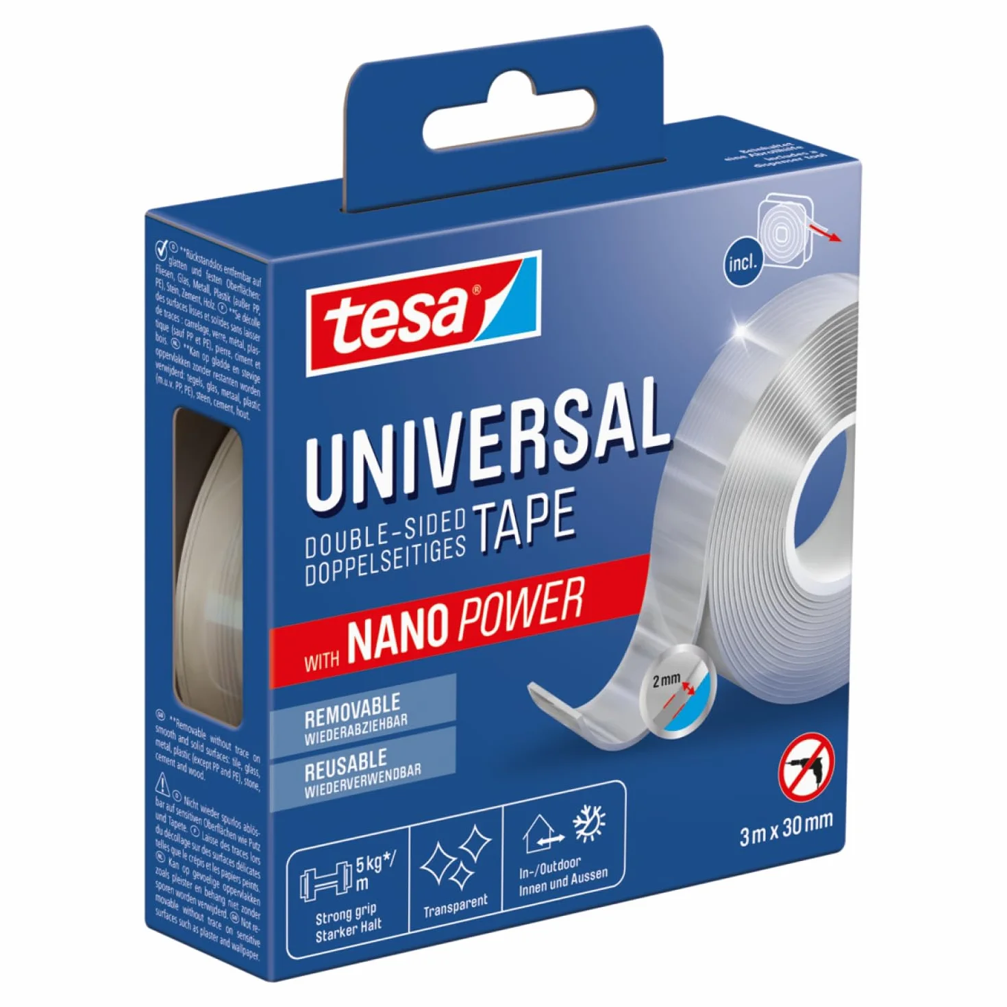 tesa Uniwersalna taśma Nano – przezroczysta, dwustronna taśma klejąca, łatwa do usunięcia i ponownego użytku, odporna na warunki atmosferyczne, do użytku wewnątrz i na zewnątrz, 1 rolka – 3 m x 30 mm
