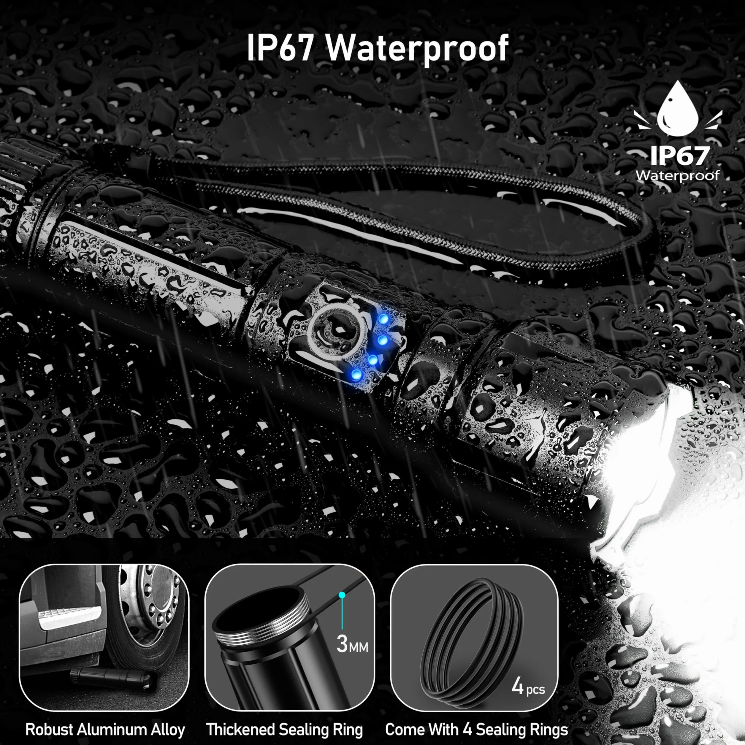 Blukar LED Latarka, Super Jasne Potężna Długotrwała Latarki, Regulowane Ogniskowanie, 5000 mAh, IP67 Wodoodporna na Przerwy w Dostawie Prądu, Camping, Wędrówki, Sytuacje Awaryjne