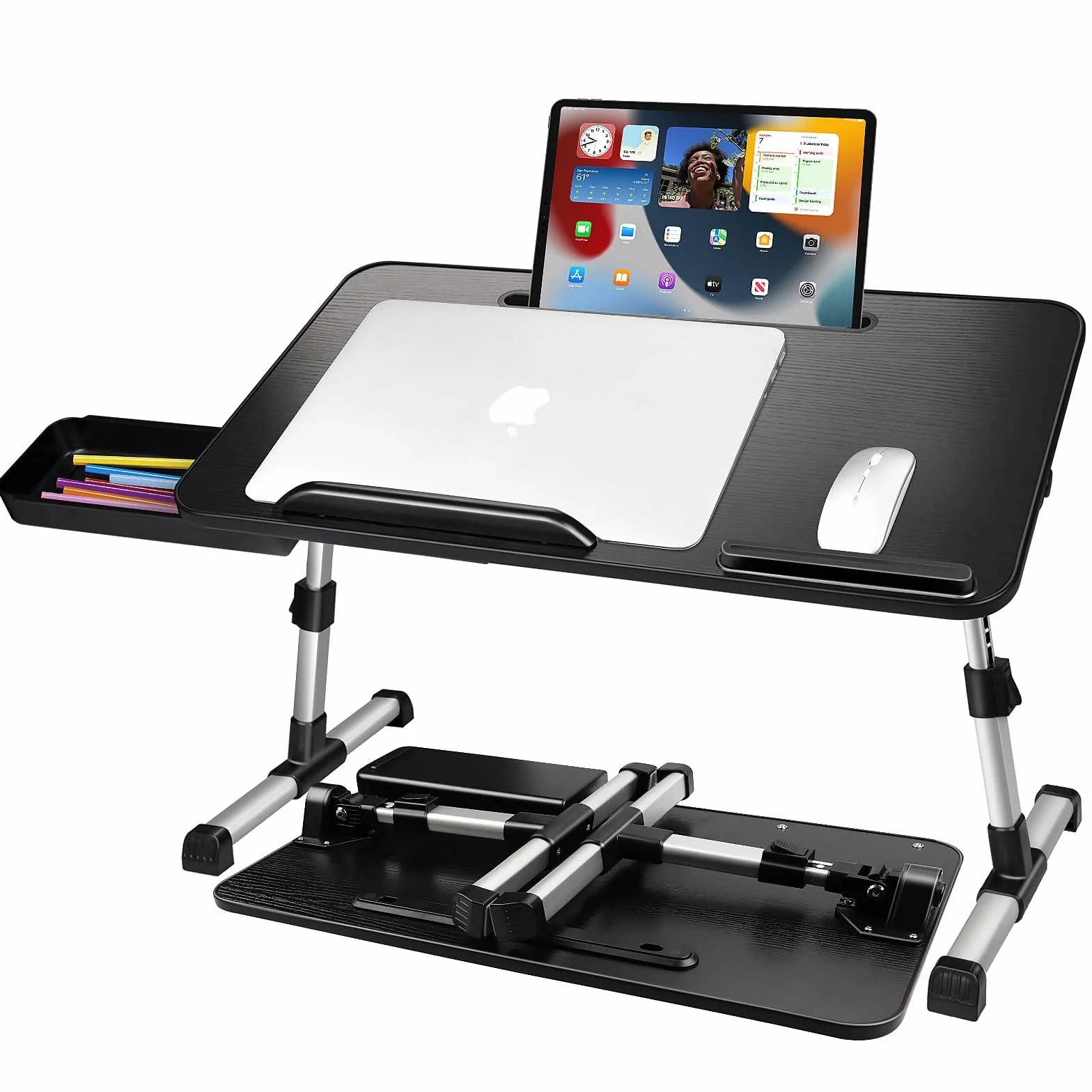 Stolik do Laptopa do łóżka, Regulowana Wysokość i Kąt, Składany, Z Szufladą, Stojakiem na Tablet, Może być Używany w łóżku, na Kanapie, na Podłodze (53 x 30 cm, Czarny)