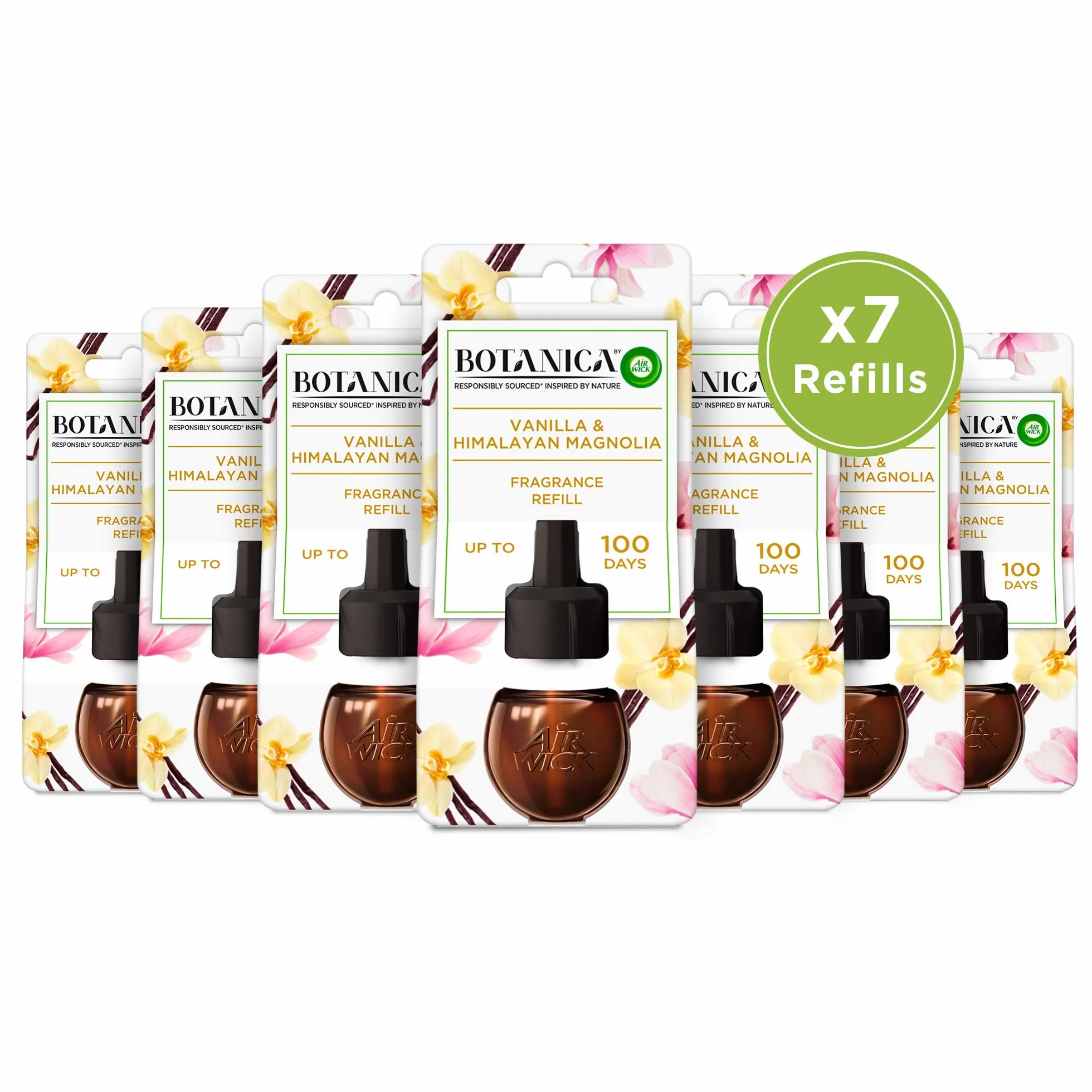 Botanica by Air Wick wkład do dyfuzora, wanilia i himalaje, opakowanie 7 x 19 ml, długotrwały zapach, utrzymuje się do 700 dni, odświeżacz powietrza z wtyczką