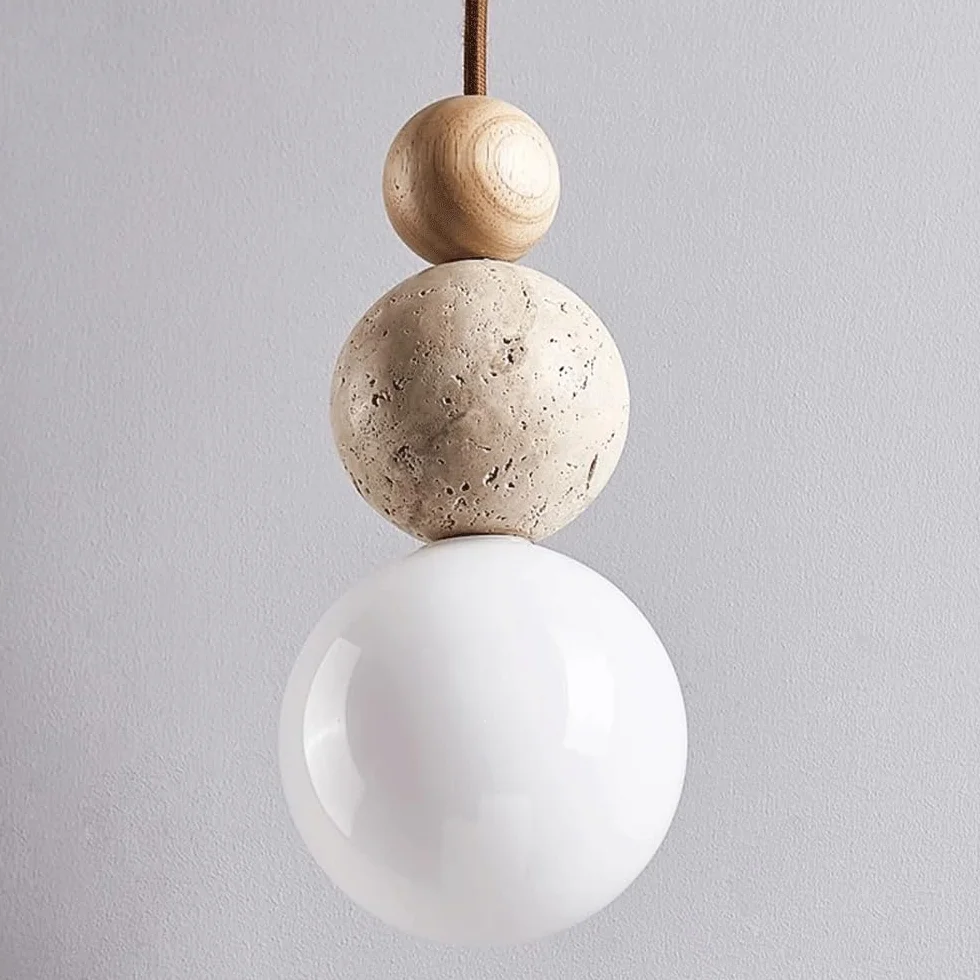 Lampa wisząca, kamienna lampa wisząca Wabi Sabi w stylu japońskim żółty trawertyn lampa wisząca regulowana drewniana kuchnia wyspa oprawa oświetleniowa Mini Globe szklane oświetlenie wiszące do sypial