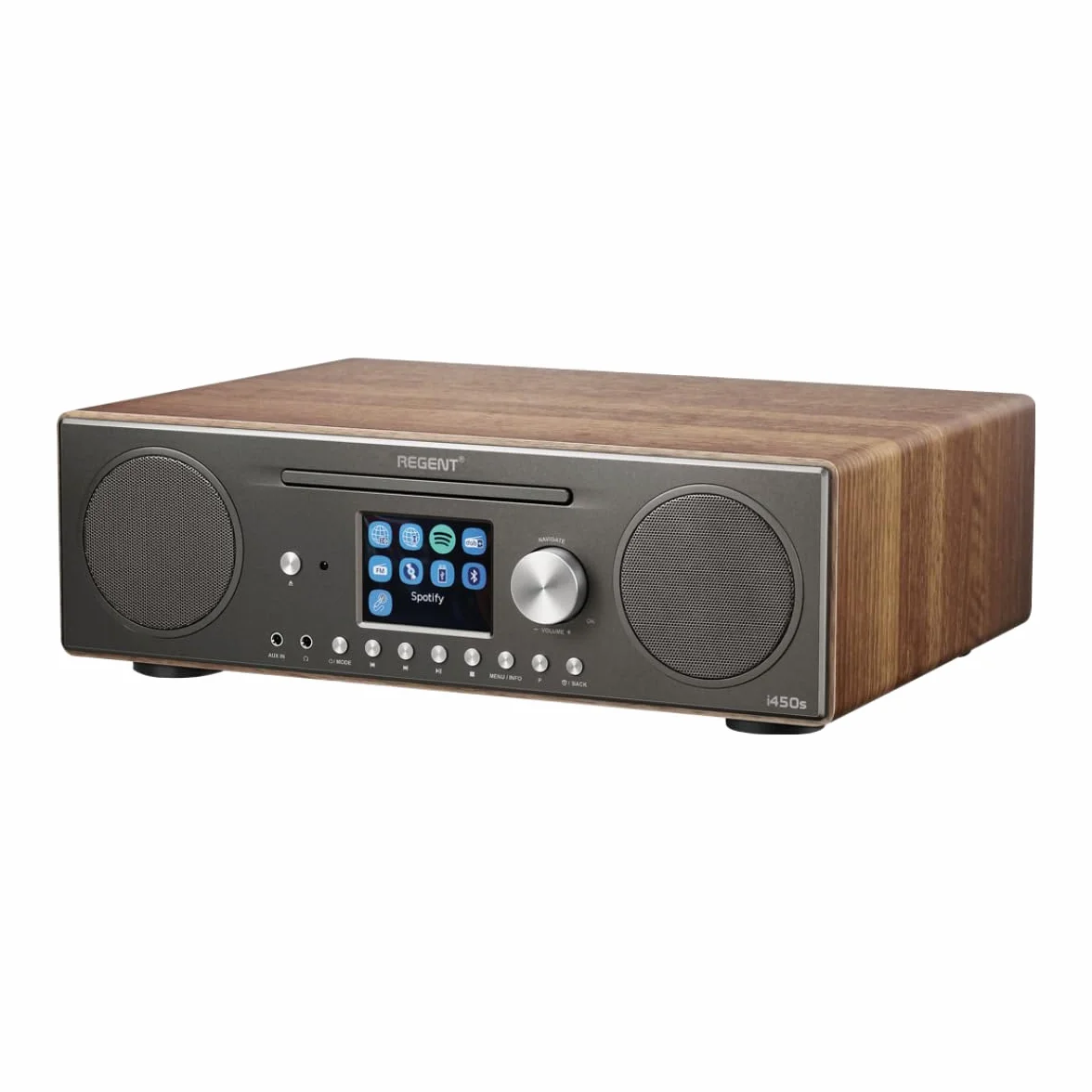 Głośnik REGENT i450s Spotify Connect DAB+ Radio internetowe Odtwarzacz CD Digital Home Stereo Hi-Fi Bluetooth FM 20, podwójny alarm i pilot Wejście AUX i USB (Ciemny Orzech)