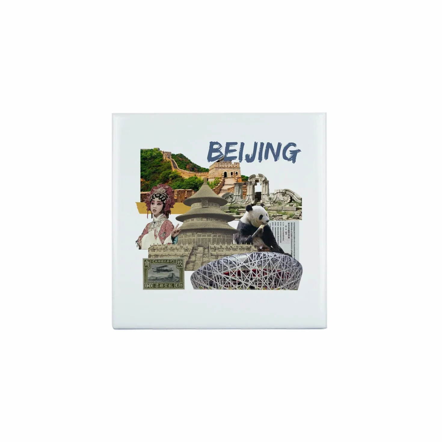 Fabulous Dekoracyjna płytka ceramiczna 10,8 x 10,8 cm - Beijing Vintage Collage Pekin Chiny Podróżna pocztówka
