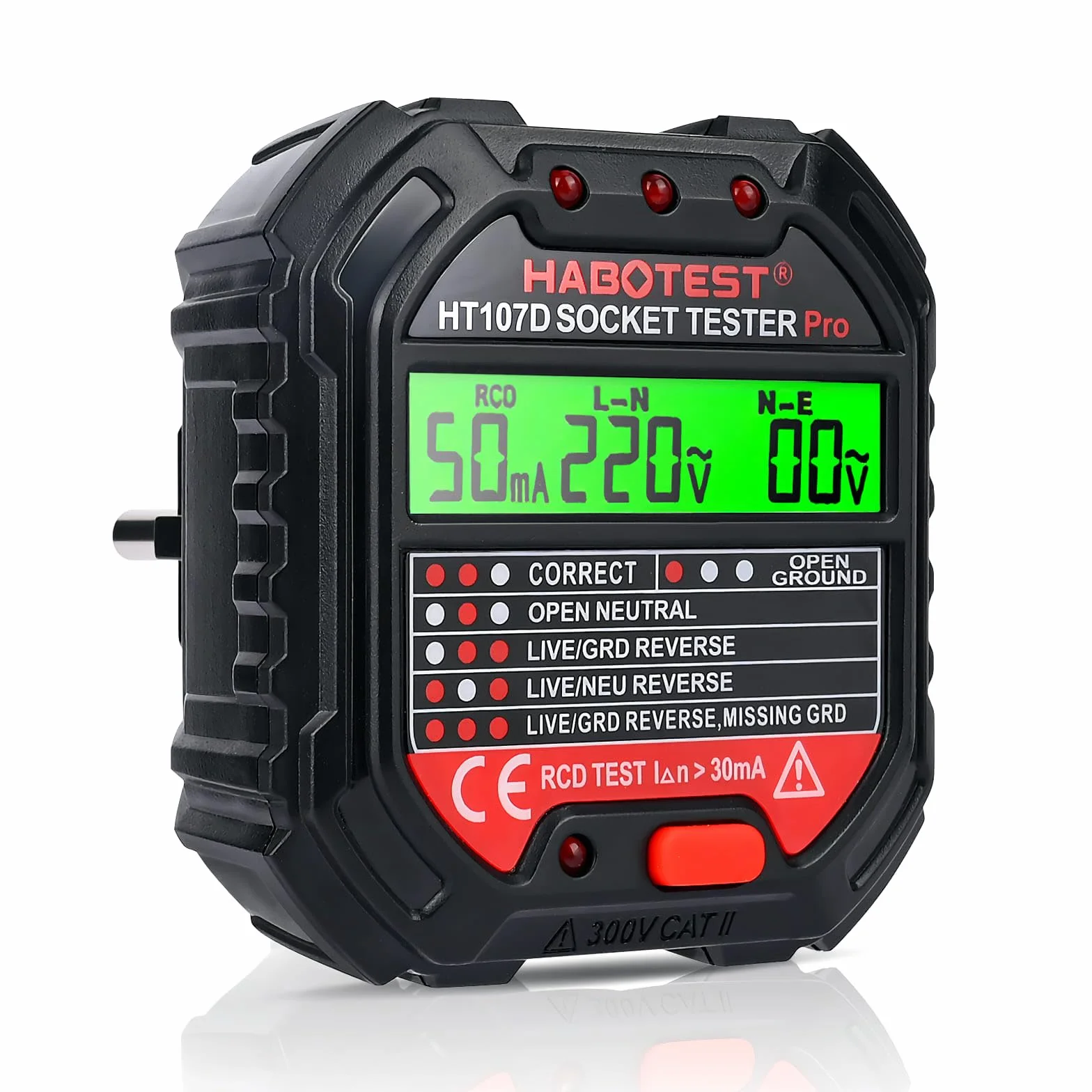Tester gniazd z kontrolą RCD i wyświetlaczem napięcia LCD, 6 rodzajów diagnostyki błędów, 48-250 V/45-65 Hz