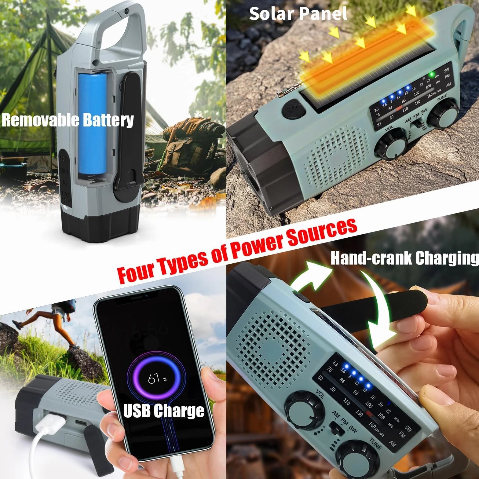 Przenośne Radio Awaryjne z Korbą FM/AM/SW LED Latarka Powerbank 2000mAh SOS Alarm IPX5