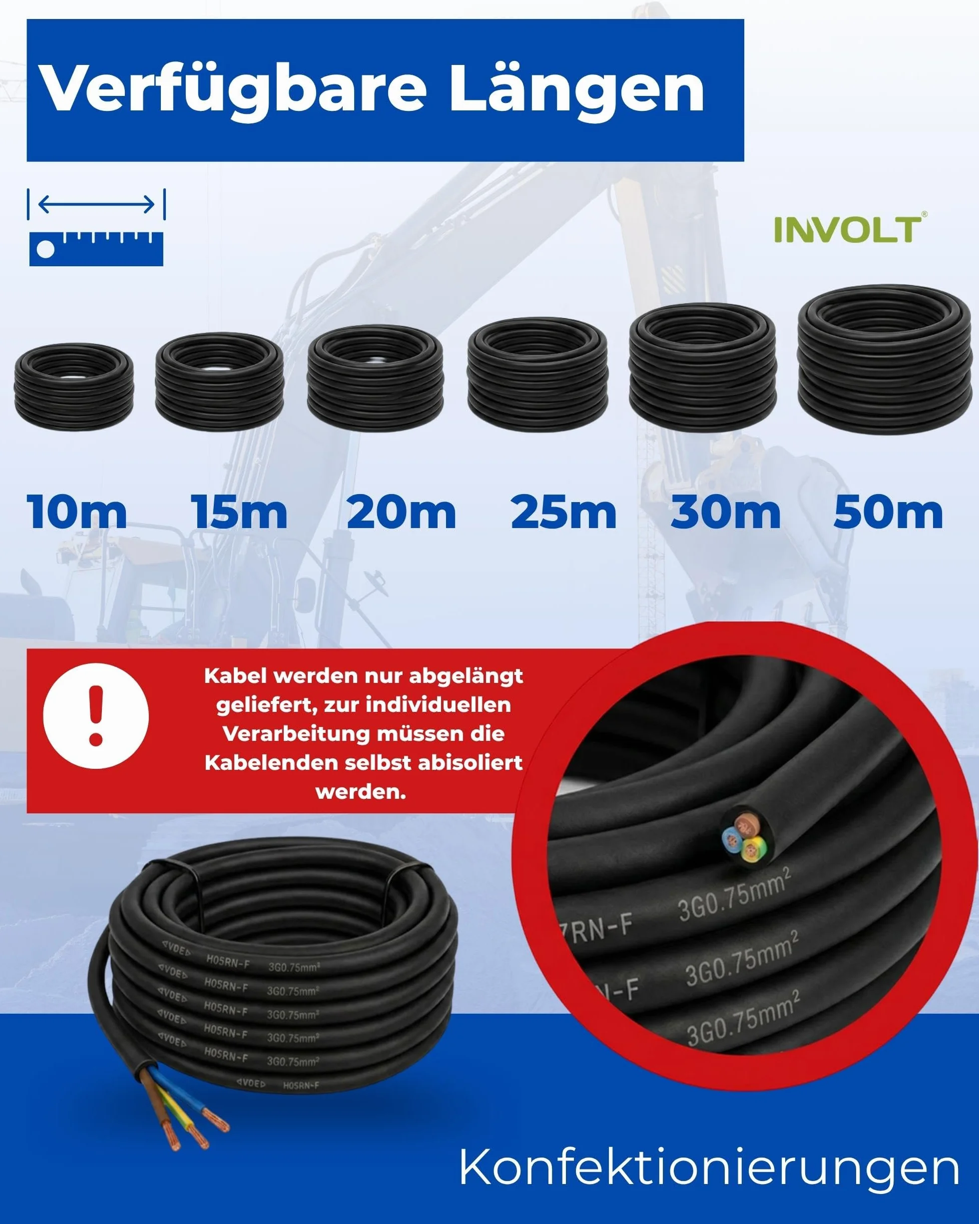 INVOLT 50 m przewód gumowy 3x0,75 H05RN-F kabel gumowy z przewodem ochronnym, kabel zasilający