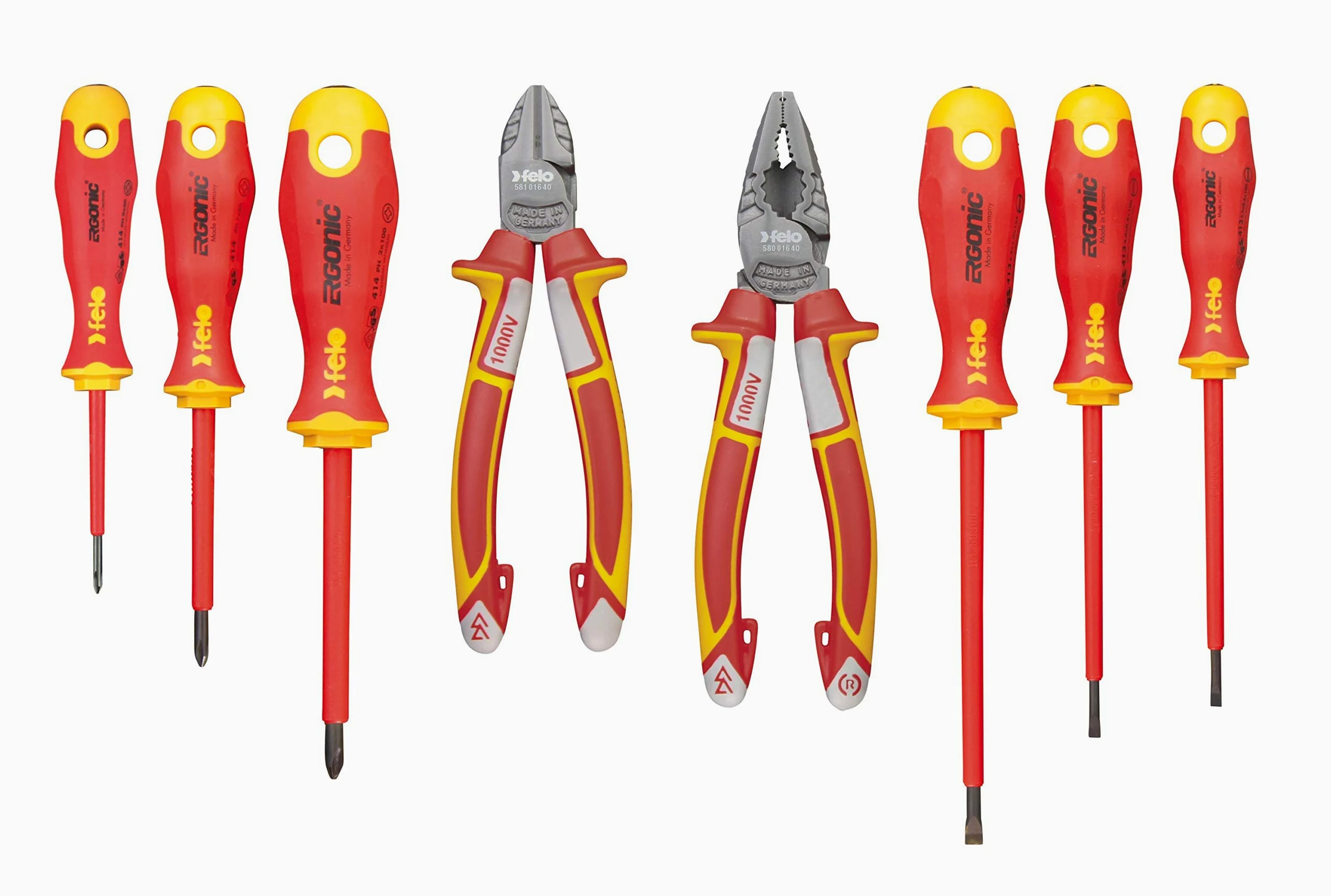 Felo Profesjonalny elektryk XL zestaw narzędzi Ergonic VDE zestaw serwisowy zestaw 8-częściowy kombinerki szczypce szczypce boczne Felo Jgo. Multicolor