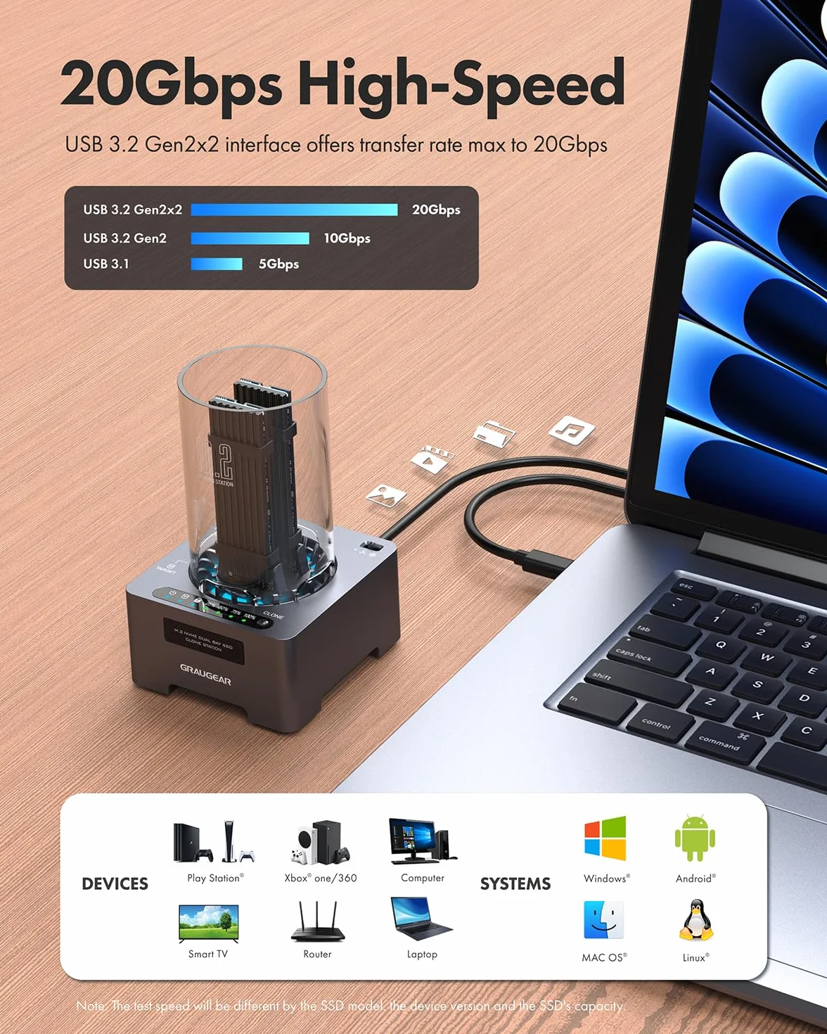 GRAUGEAR Stacja dokująca M2 NVMe SSD Clone-Station do 2x M.2 PCIe SSD 22100/2280/2260/2242/2230 M-Key USB 3.2 Gen2x2 20 Gbit/s