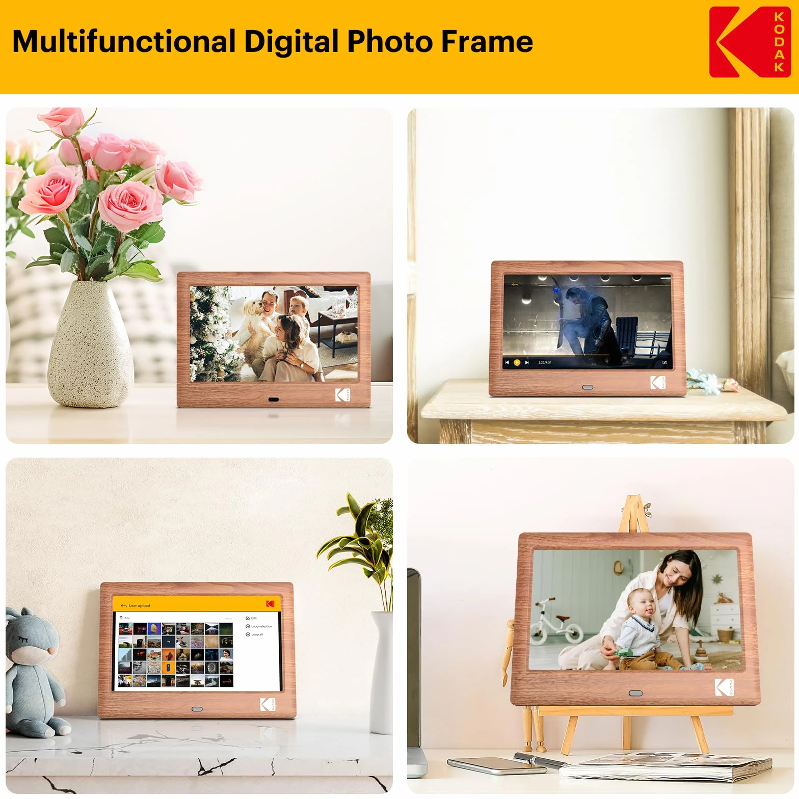 KODAK, cyfrowa ramka na zdjęcia 7", elektroniczna ramka na zdjęcia, ekran IPS, odtwarzacz zdjęć, muzyki, wideo, kalendarz, alarm, obsługa USB lub karty SD, automatycznie obracana, z pilotem zdalnego