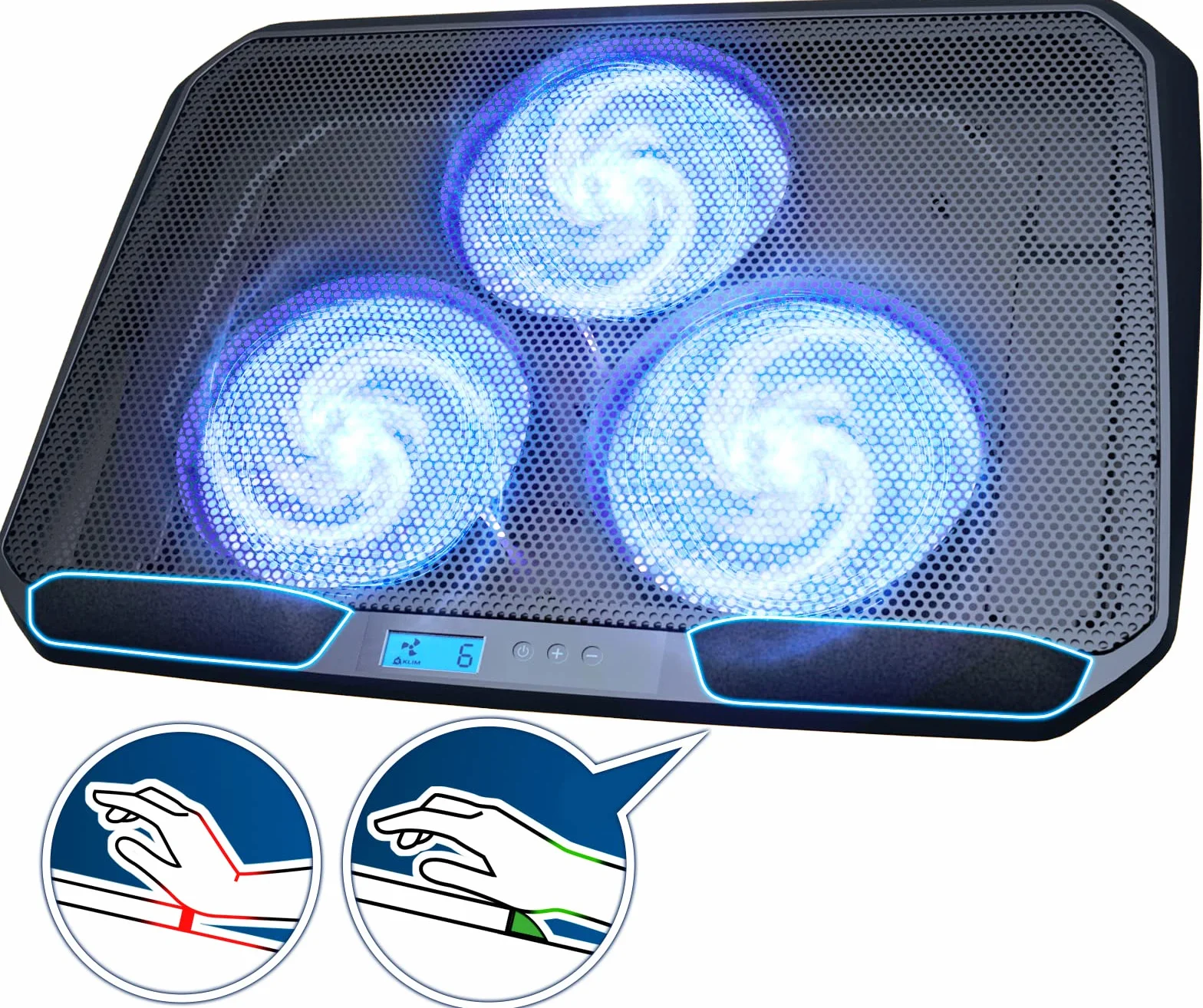 KLIM KN02 Podkładka chłodząca do laptopa 27.9-43.9 cm, wygodne, amortyzowane nadgarstki, mocny wentylator chłodzący do laptopa 1500 obr./min, cicha chłodziarka do laptopa z metalową siatką i 5-letnią