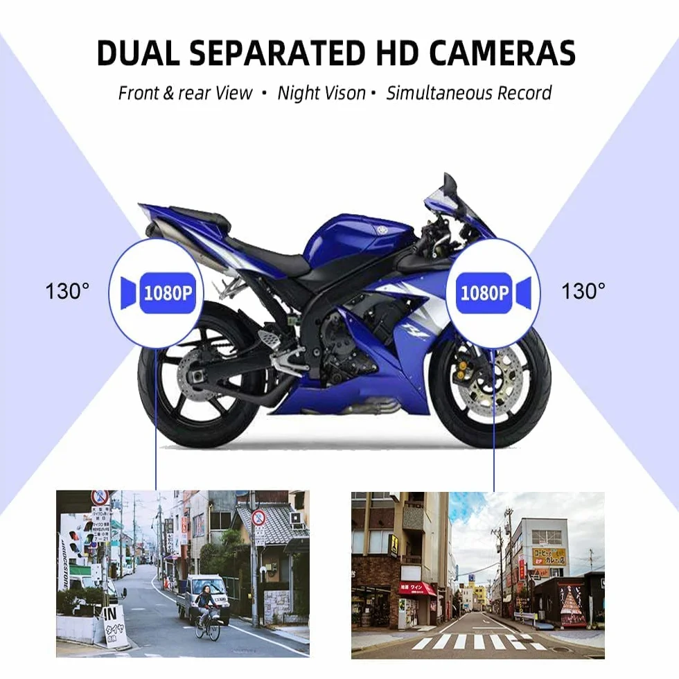 VSYSTO Motocykl Dashcam 130° Szerokokątny soczewek, 1080P podwójne kamery przednie i tylne, bez ekranu, WiFi, noktowizor, G-Sensor, nagrywanie pętli