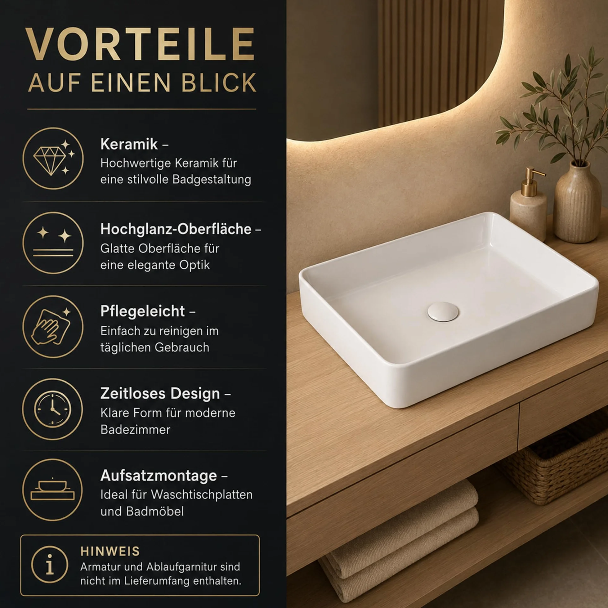 Umywalka premium - umywalka nablatowa na wysoki połysk - umywalka ceramiczna do umywalki - biała - 610 x 410 x 115 mm