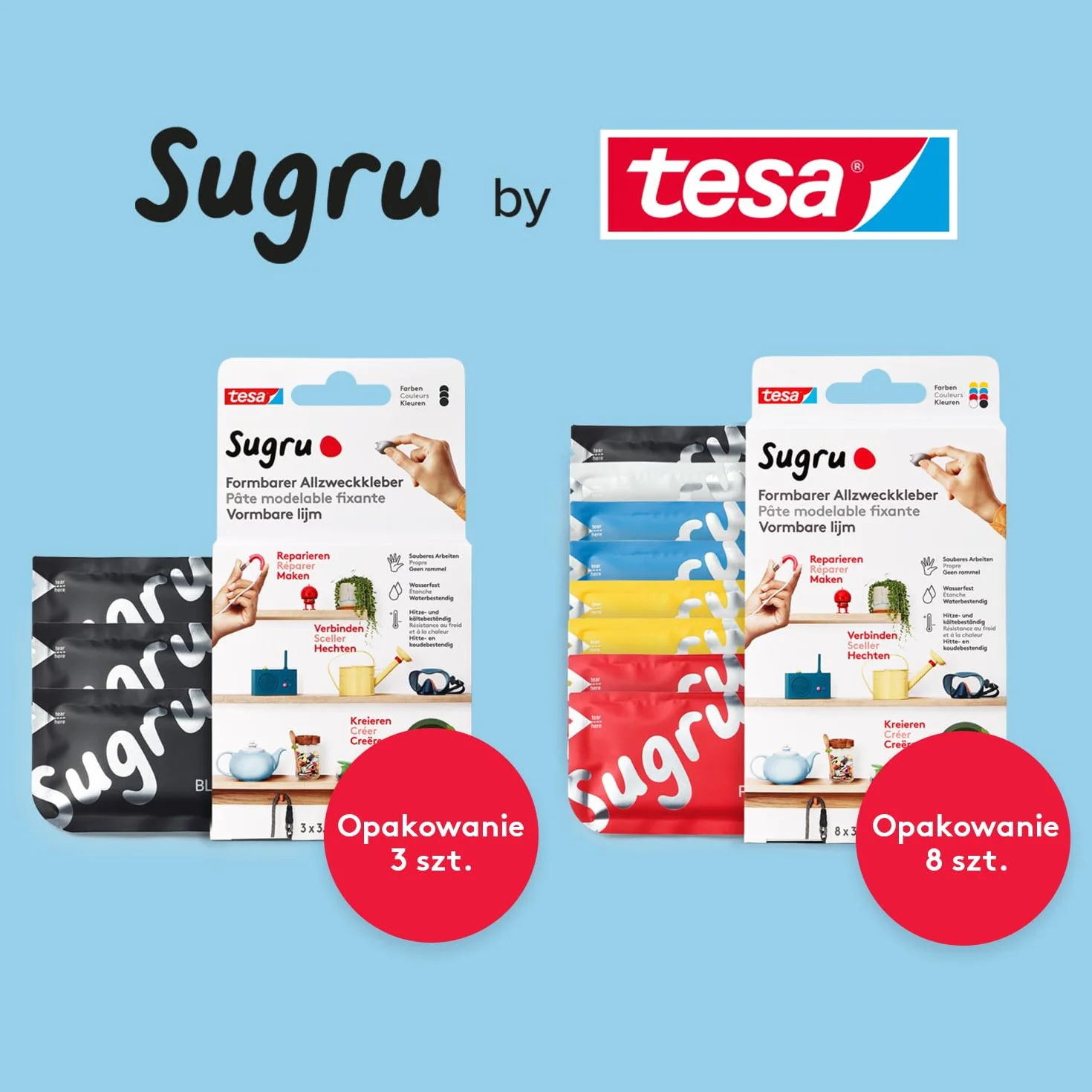 tesa Sugru uniwersalny klej formowalny – wszechstronna silikonowa guma do napraw, klejenia i mocowania bez wiercenia – ośmiopak, 8 x 3,5 g, kolor: czerwony, niebieski, żółty, czarny & biały