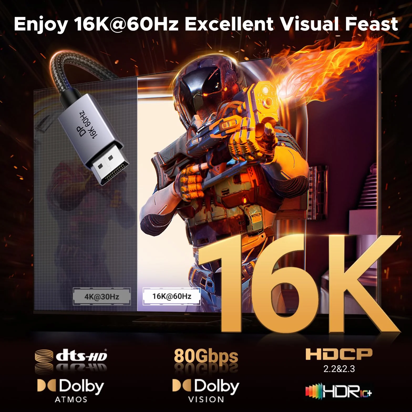 UGREEN 16K Kabel Displayport 2.1 16K 10K 60Hz 8K 120Hz 4K 240Hz 165Hz 144Hz, kabel DP 80Gbps z HDR, FreeSync, G-Sync, DSC 1.2a, HDCP 2.2 do PC, HDTV, monitorów gamingowych (1M)