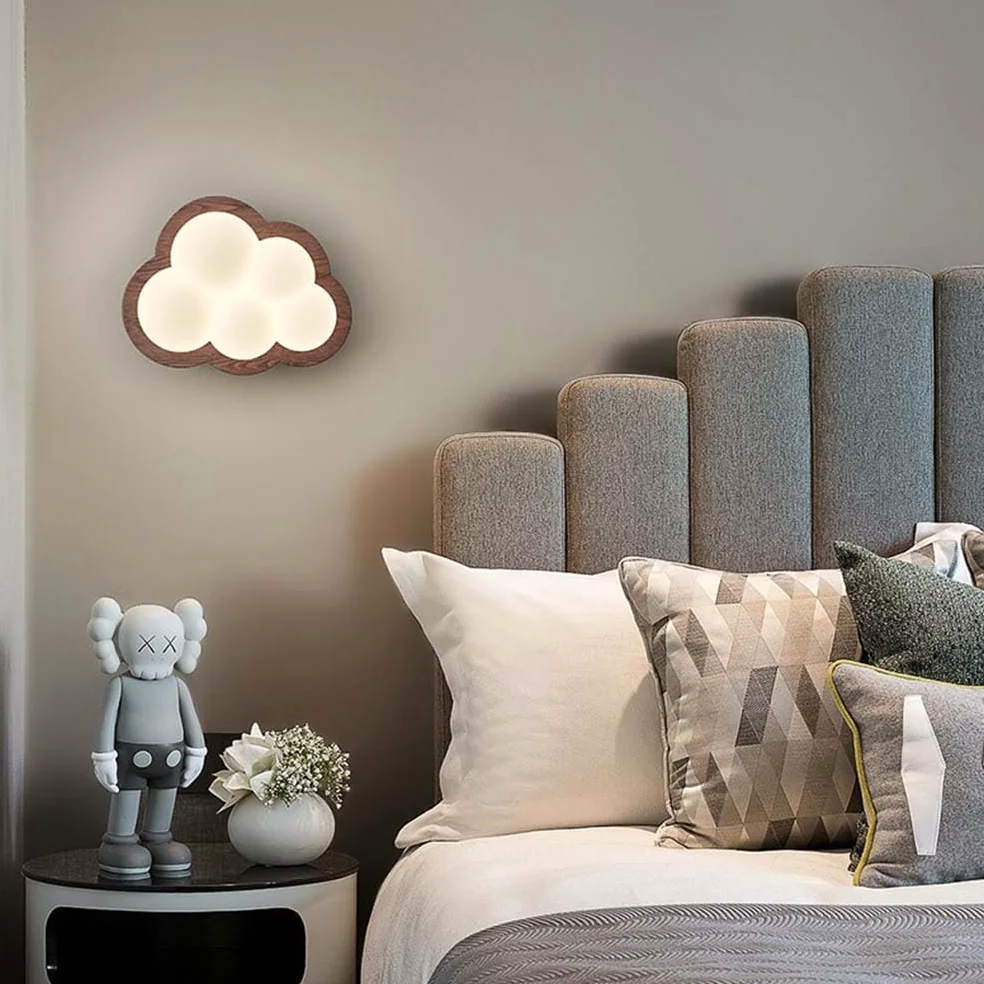 AoLa Lampa Ścienna LED Clouds do Pokoju Dziecięcego Ściemnialna Ścienna Drewniana Nocna 12 W 3 Temperatury Barwowe Lampa Lampka do czytania do Pokoju Dziecięcego Lampki Nocne z Kreskówkową,Walnuss