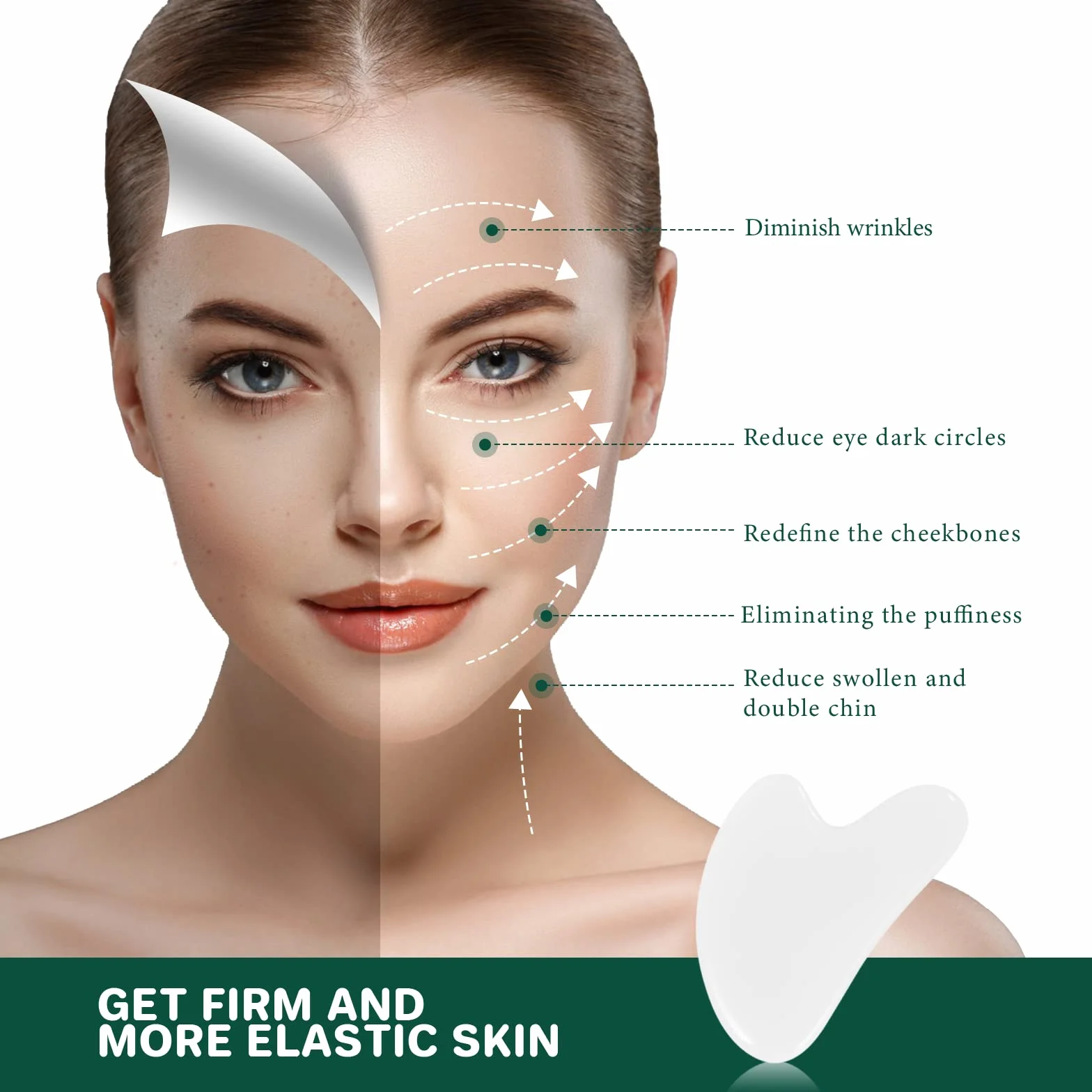 Gua Sha narzędzie do twarzy, deska guasha, naturalny kamień jadeitowy do terapii akupunkturowej SPA, leczenia punktów spustowych, łagodzi napięcia mięśni, zmniejsza obrzęki (biała)