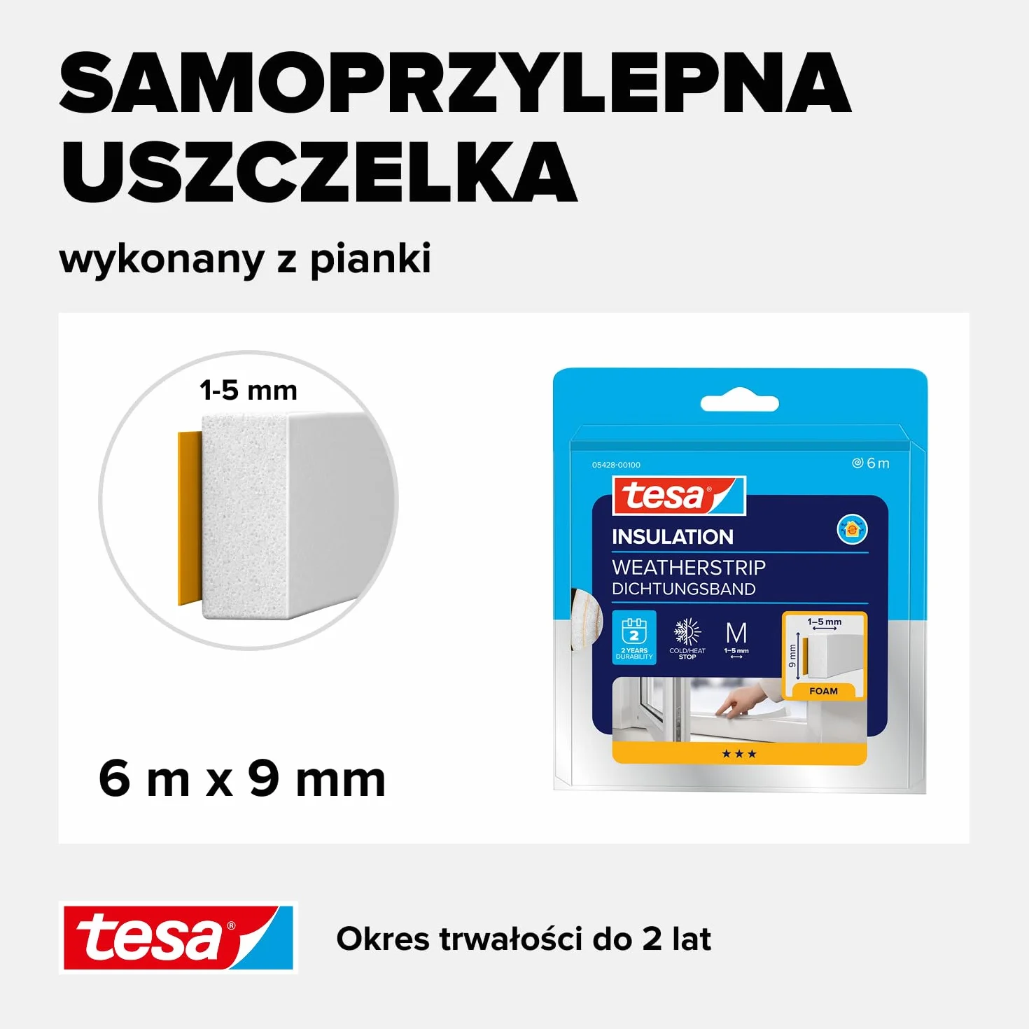 tesa INSULATION M taśma uszczelniająca - pianka uszczelniająca do izolacji szczelin w domu, samoprzylepna - biała - 6 m x 9 mm x 5,5 mm