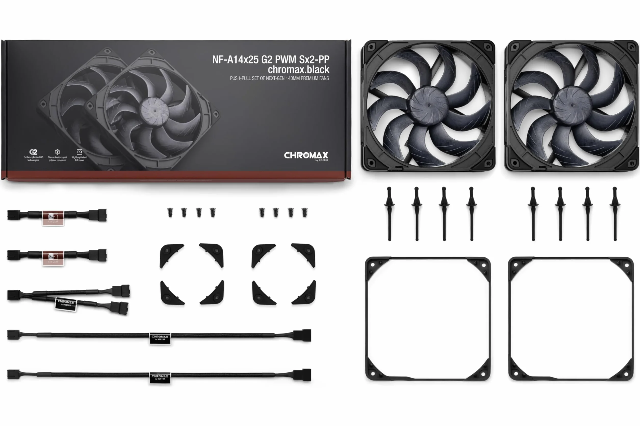Noctua NF-A14x25 G2 PWM Sx2-PP chromax.black, Dwuwentylatorowy Zestaw do Stosowania w Układzie Sąsiadującym oraz Push-Pull (Czarny)