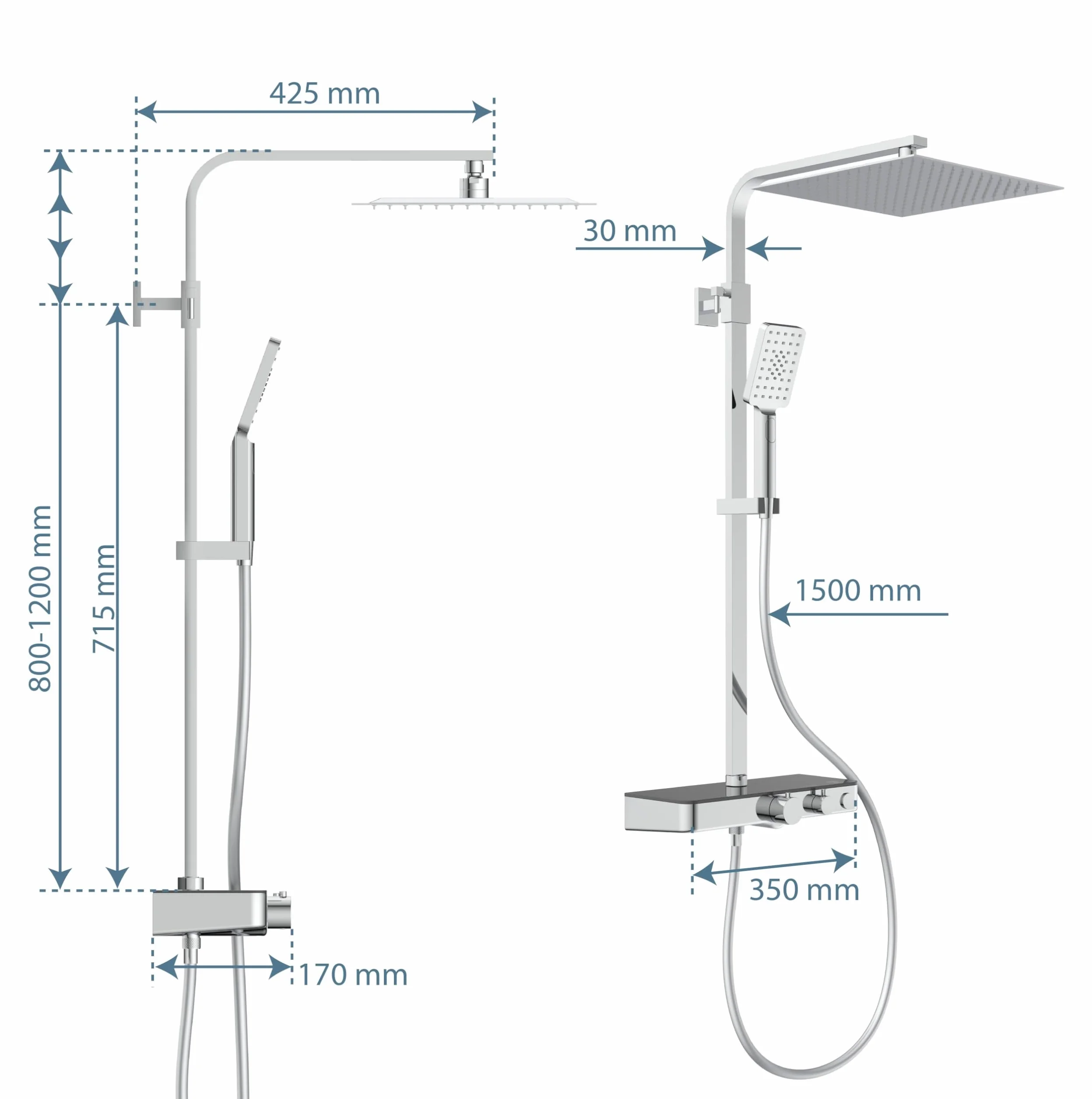 SCHÜTTE OCEAN 60531 system prysznicowy z termostatem i szklaną półką, 30 x 30 cm, deszczownica z uchwytem ściennym i panelem prysznicowym, kolumna prysznicowa w kolorze chromowym/antracytowym