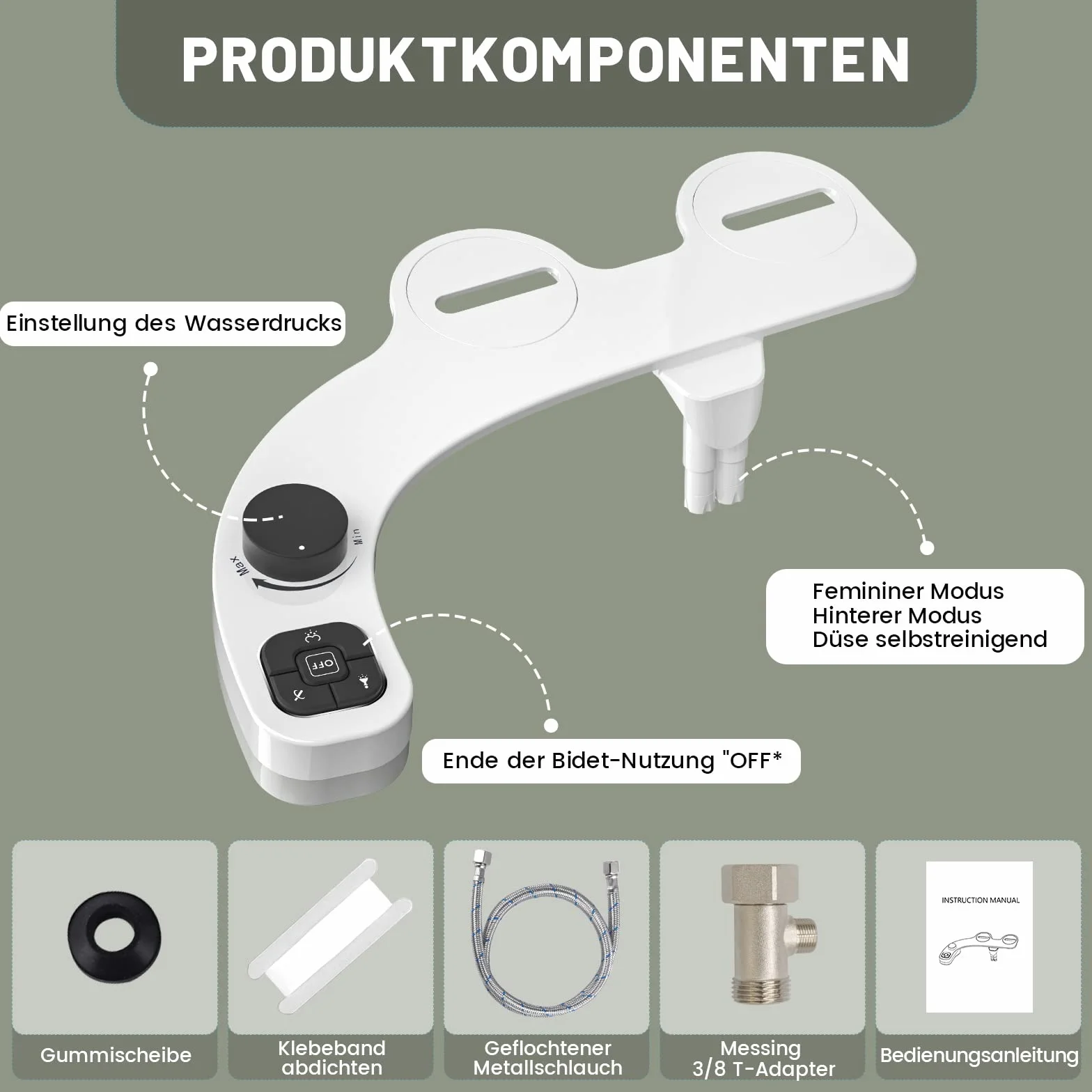 bidet, toaleta, WC z bidetem japońskim, zestaw natryskowy do deski sedesowej i bidetu z podwójnymi wysuwanymi samoczyszczącymi dyszami (w kolorze czarnym)