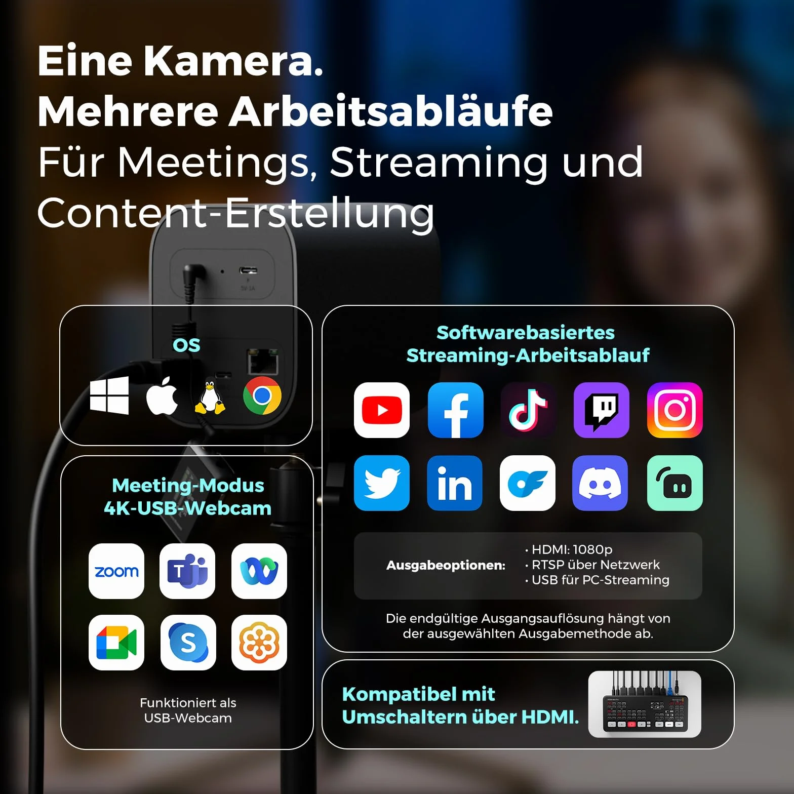 NearStream Kamera 4K, wyjście HDMI/USB/RJ45, obsługa zewnętrznego mikrofonu, VM20