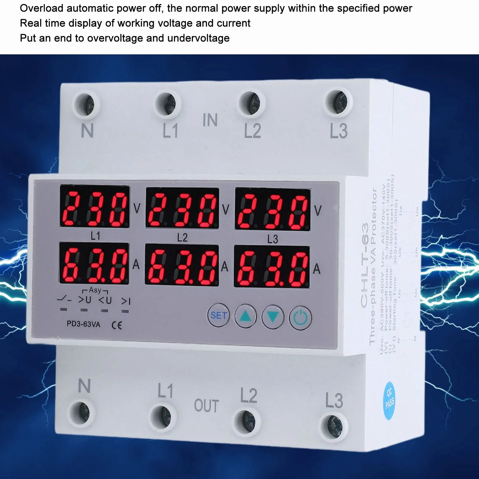 3-fazowy Woltomierz Amperomierz na Szynie DIN Multi Tester, AC 390-500 V Automatyczne Zabezpieczenie Nadnapięciowe Nadprądowe(63A)