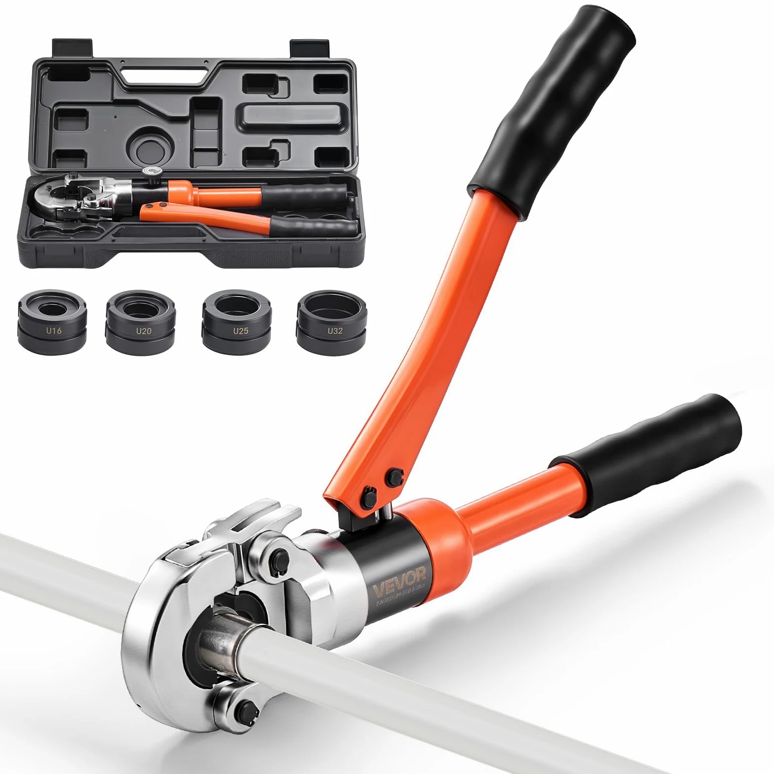 VEVOR Hydrauliczne narzędzie do zaciskania rur, zaciskacz do rur PEX i aluminiowo-plastikowych ze szczękami U16 U20 U25 U32 i futerałem do przenoszenia, zestaw narzędzi do zaciskania do napraw i