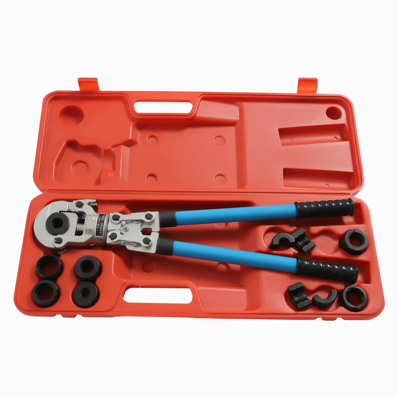 PEX zestaw szczypiec zaciskowych, 12-32 mm, zaciskane szczypce do rur TH z 9 kształtami (4 aluminiowe + 5 rur miedzianych), szczypce zaciskowe 360° 6T do zaciskania rur ze stali nierdzewnej,