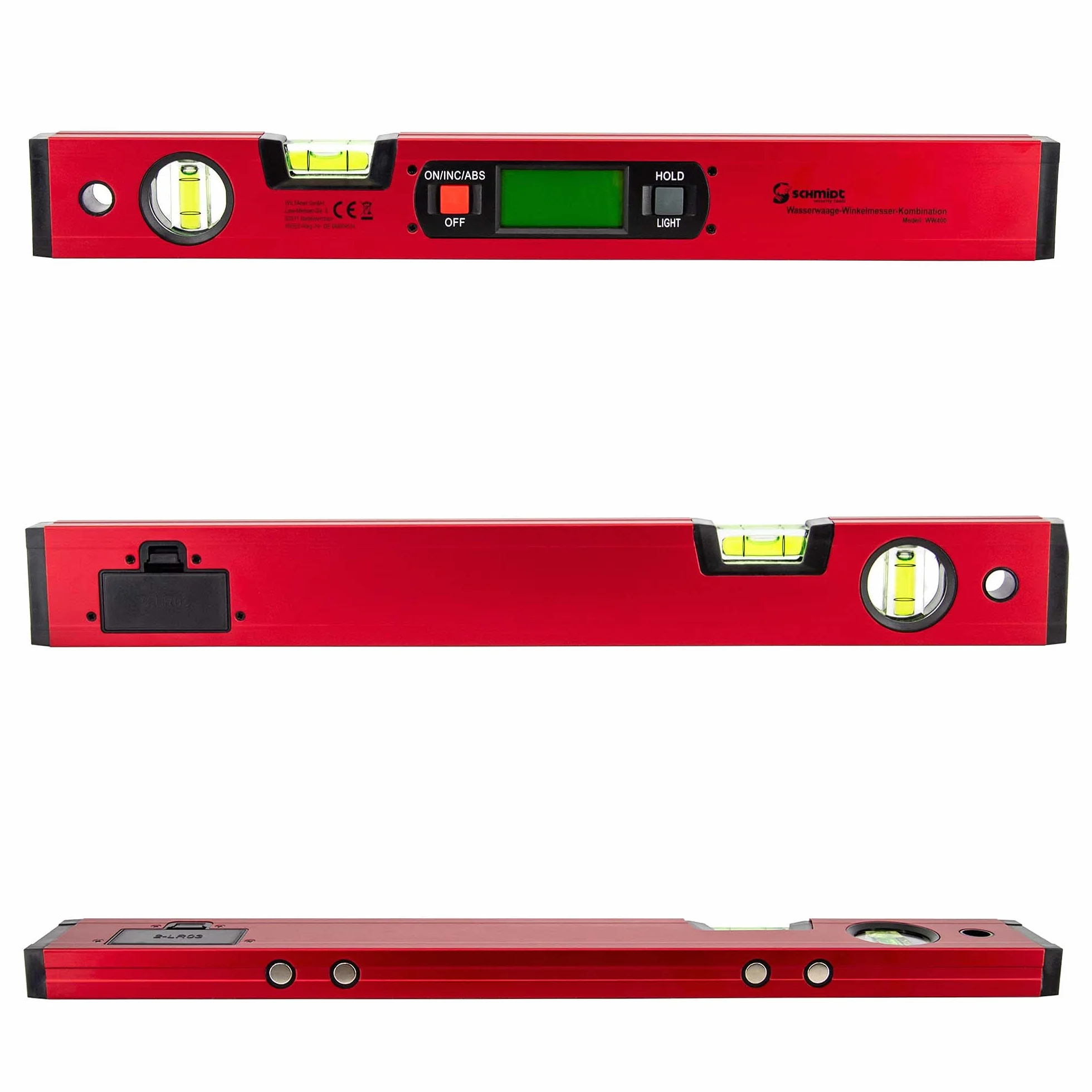 SCHMIDT security Tools Elektroniczna poziomica kątomierza – inklinometr – cyfrowy wyświetlacz LCD – kombinacja – kątowa, skala pionowa i pozioma, skala kątowa – waga magnetyczna