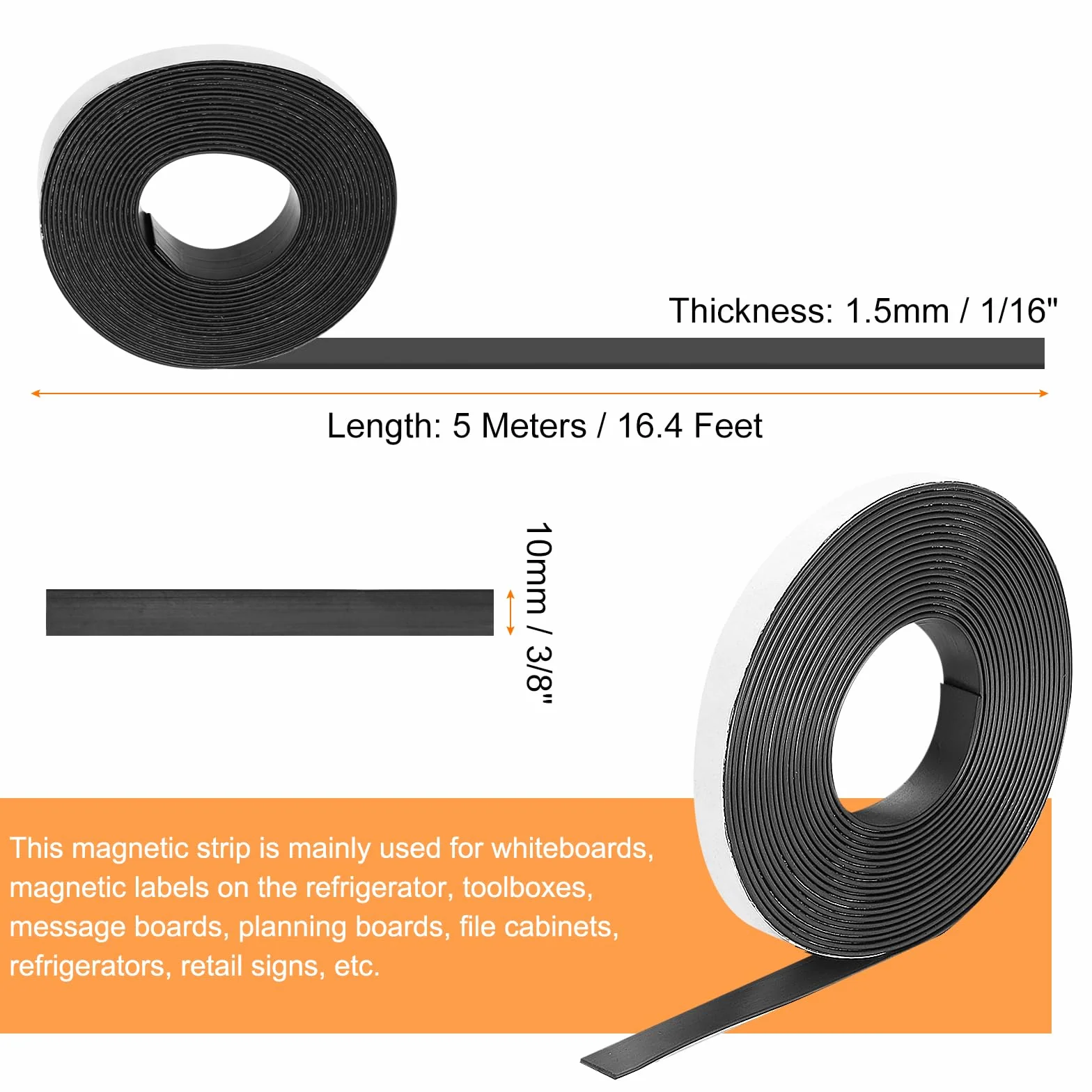 QUARKZMAN Taśma magnetyczna o szerokości 16,4 stopy x 3/8" szerokości x 1/16" grubości z samoprzylepnymi etykietami do białych tablic, lodówek i majsterkowania