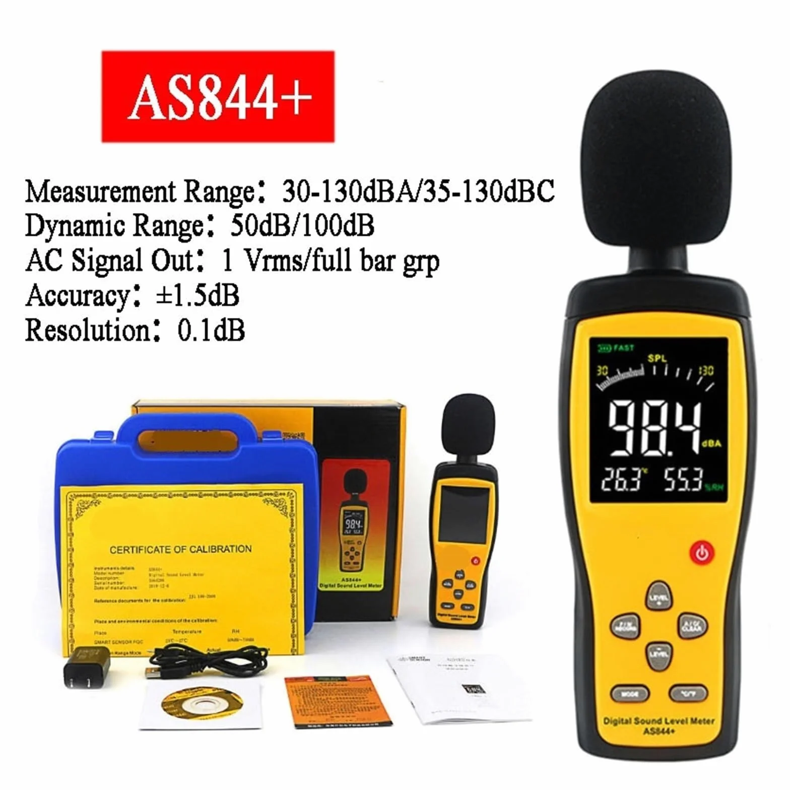 INTELIGENTNY CZUJNIK AS834+ AS844+ Cyfrowy miernik poziomu dźwięku LCD Noisemeter 30-130dB Poziom hałasu Decybel Monitorowanie Tester Instrument Miernik poziomu dźwięku(AS834 Plus)
