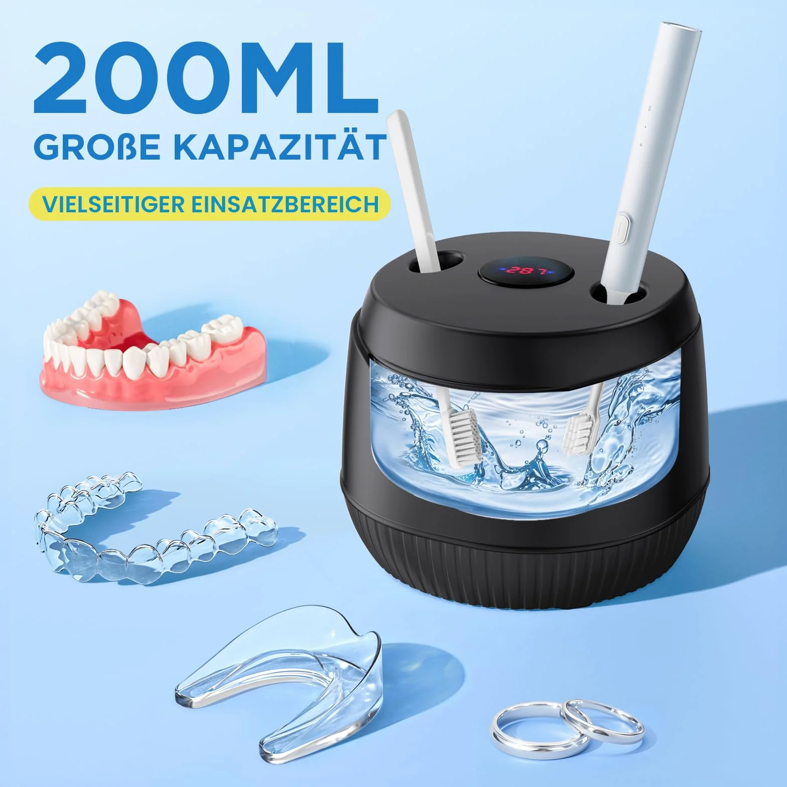 Ultrasoniczne urządzenie do czyszczenia protez, 45000 Hz, 200 ml, ultradźwiękowe urządzenie do czyszczenia protez, protez, protez, biżuterii z cyfrowym timerem (czarne)