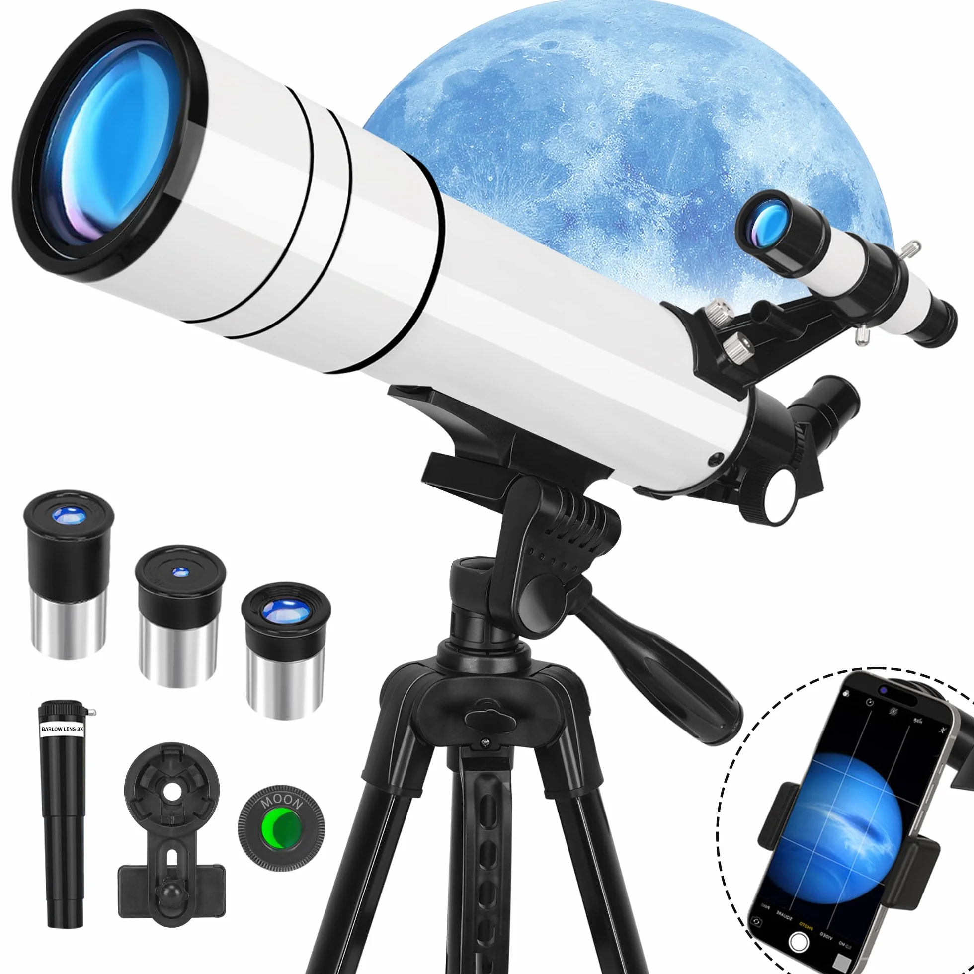 Teleskop astronomiczny 70/500, przenośne teleskopy astronomiczne dla dzieci, dorosłych, początkujących, obserwowanie gwiazd z wysuwanym statywem, uchwytem na telefon, filtrem księżycowym