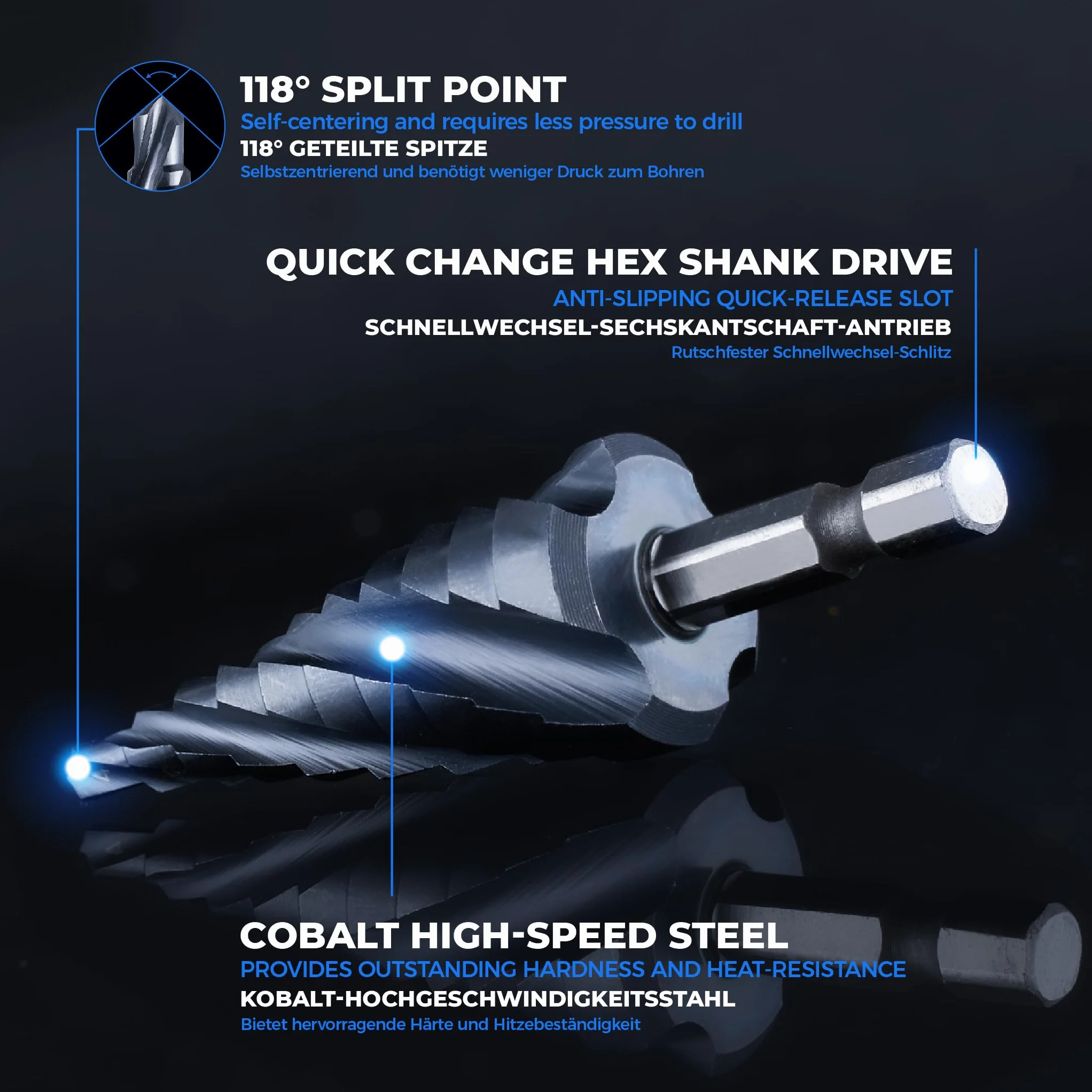 toolant® Kobalt HSS wiertło stopniowe [trzon 6,35mm] - Ø 4-22mm Cztery spiralne rowki wiertło stopniowe, do metalu, stali nierdzewnej, tworzywa sztucznego, drewna - 10 stopni wiertło stożkowe