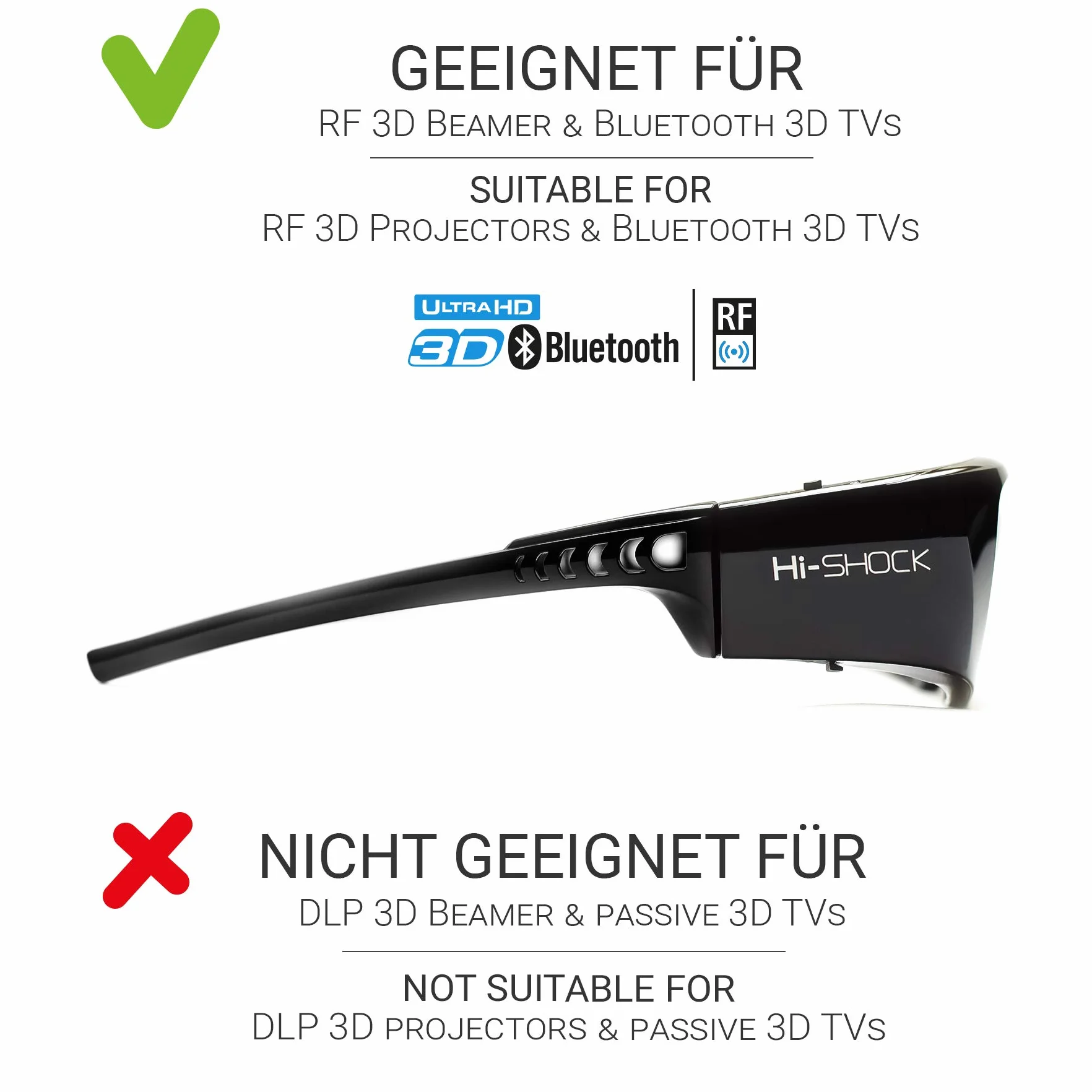 2 x Hi-SHOCK BT/RF Pro Black Diamond | okulary 3D Bluetooth do projektorów 3D TV i 3D-RF firmy Sony, Epson, Jvc, Samsung, Panasonic [okulary migawki | 120 Hz | ładowane | 39 g | Bluetooth/rf]