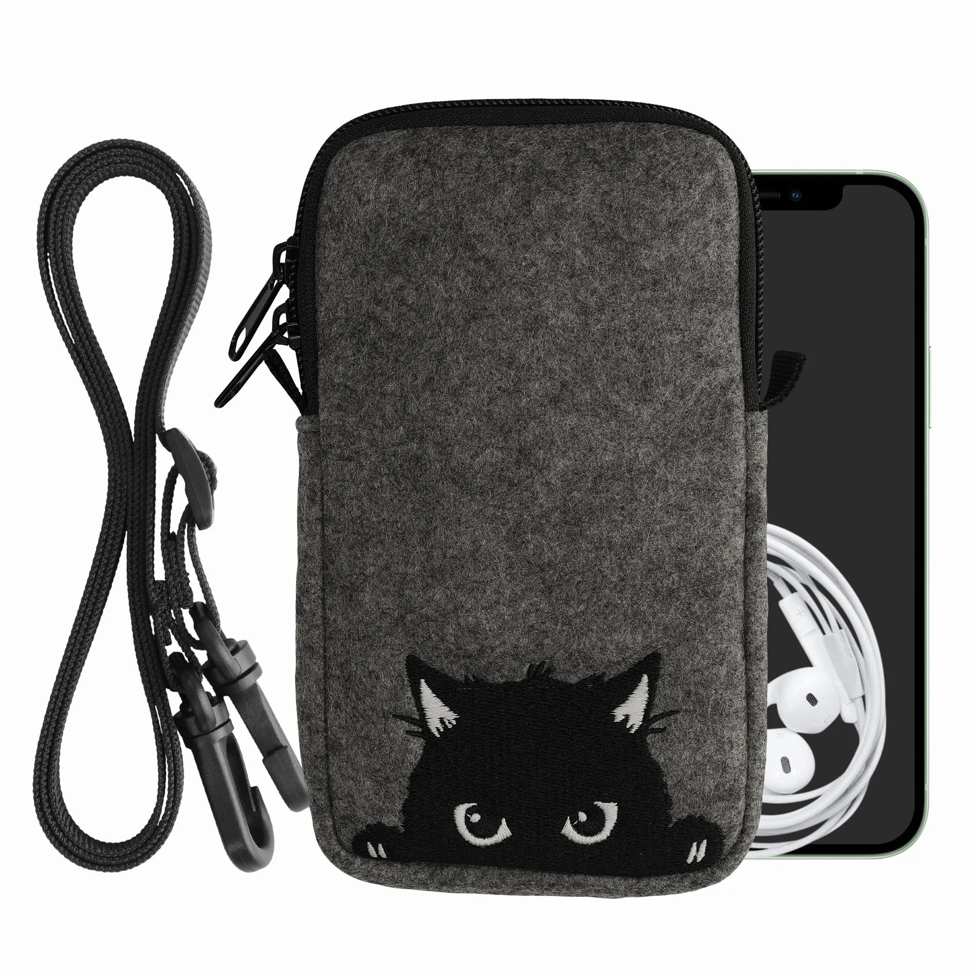 kwmobile Filcowa torba na telefon z wzorem L - uchwyt na pasek 16,5 cm x 8,9 cm - ciekawy kot szary/czarny