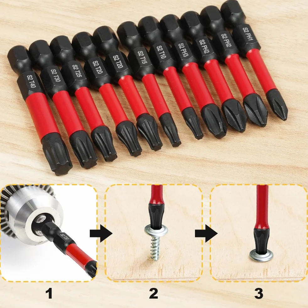 Flintronic Zestaw bitów wkrętaków Torx, magnetyczne bity udarowe, stal S2 Phillips Pozidriv, bity Torx odporne na manipulacje, T10 T15 T20 T25 T30 T40 PH1 PH2 PH3