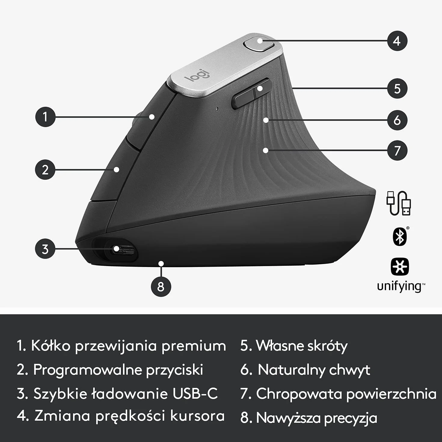 Logitech MX Vertical Ergonomiczna mysz dla wielu urządzeń, bezprzewodowa Bluetooth lub 2,4 GHz z USB Unifying, optyczne śledzenie 4K DPI, 4 przyciski, szybkie ładowanie, PC/Mac/iPad - Czarny